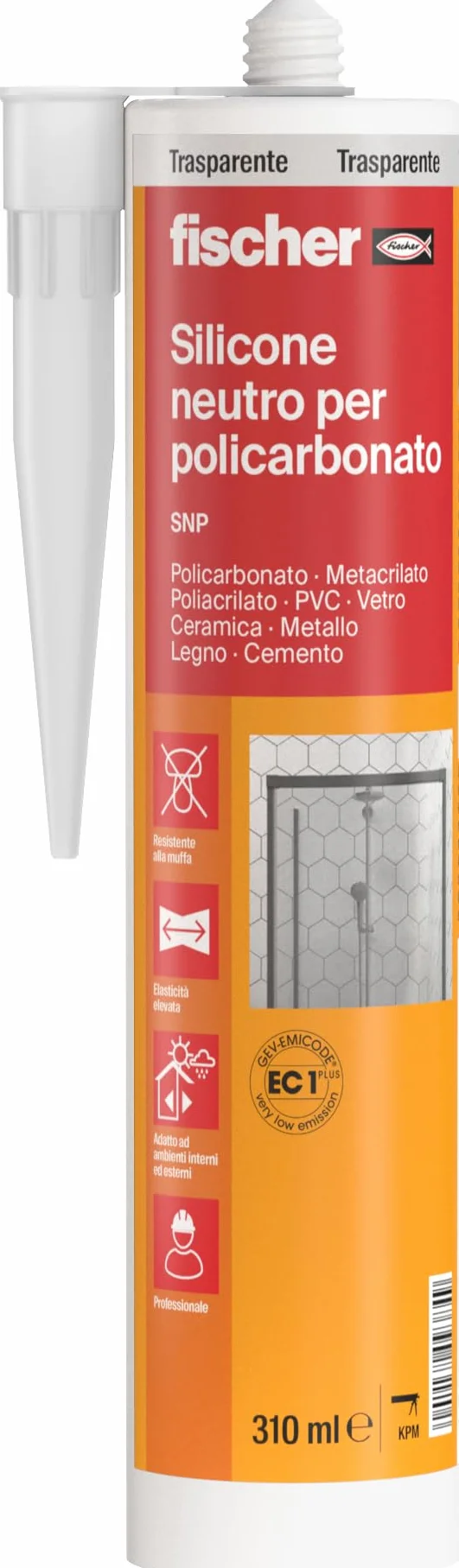 Fischer SNP 310 Silicone Sigillante Trasparente Antimuffa per Policarbonato, Plastica, Vetro, Calcestruzzo