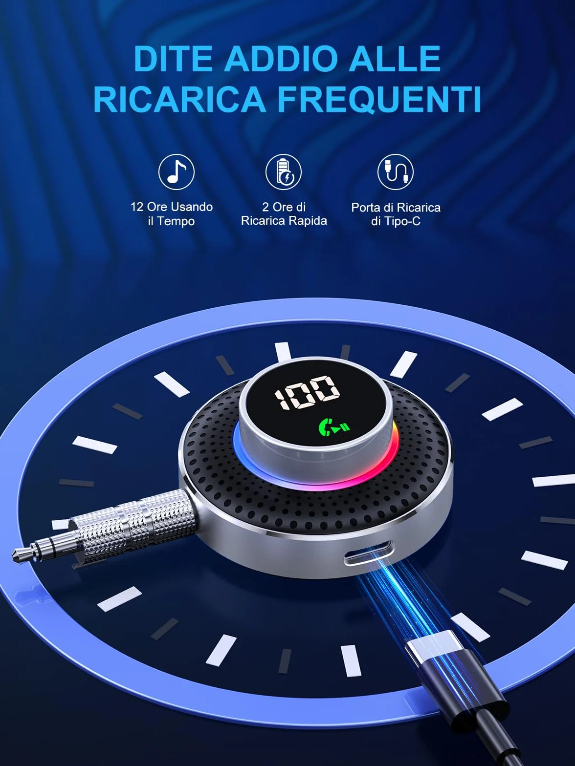 Glangeh Ricevitore Adattatore Bluetooth 5.3 Auto AUX, Pulsante Ingrandito e LED Schermo, con Jack 3,5mm, per Stereo/Altoparlante/Cuffie, Chiamate In Vivavoce, Supporta Siri