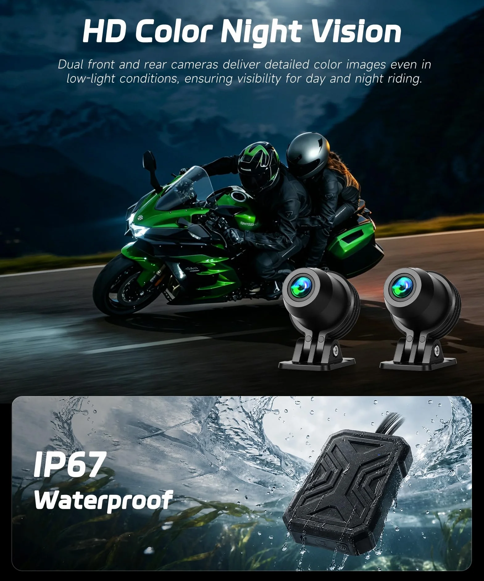 Rimoody Dashcam Moto 1080P Miniaturizzata - Telecamera Anteriore/Posteriore con Rilevamento Collisioni, Registrazione a Ciclo, Modalità Parcheggio, WiFi, per Motocicletta