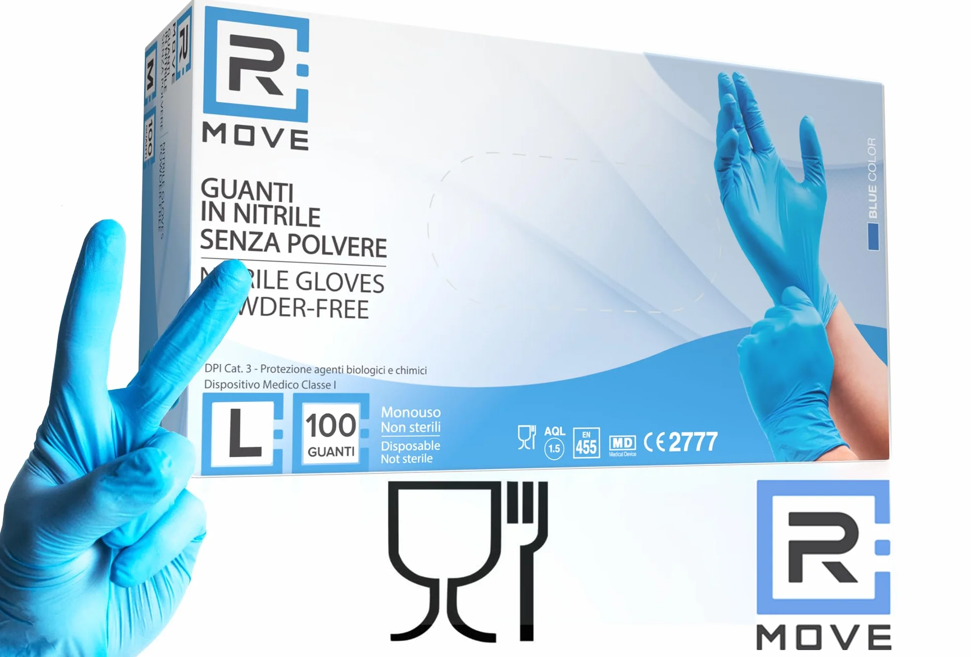 R MOVE 100 guanti in nitrile monouso blu L senza polvere usa e getta per alimenti non sterili ipoallergenici