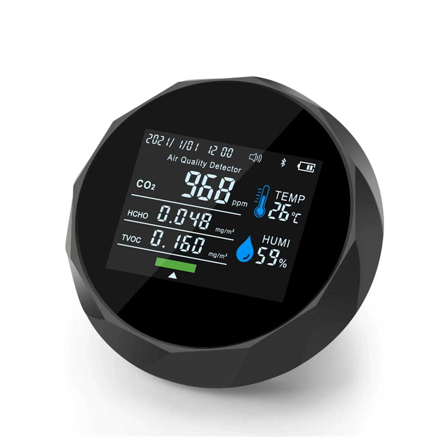 Monitor d'aria multifunzione TVOC HCHO Misuratore di CO2 Tester qualità del gas Umidità Temperatura Rilevatore controllo dente blu Per cucina e camper(Noir)