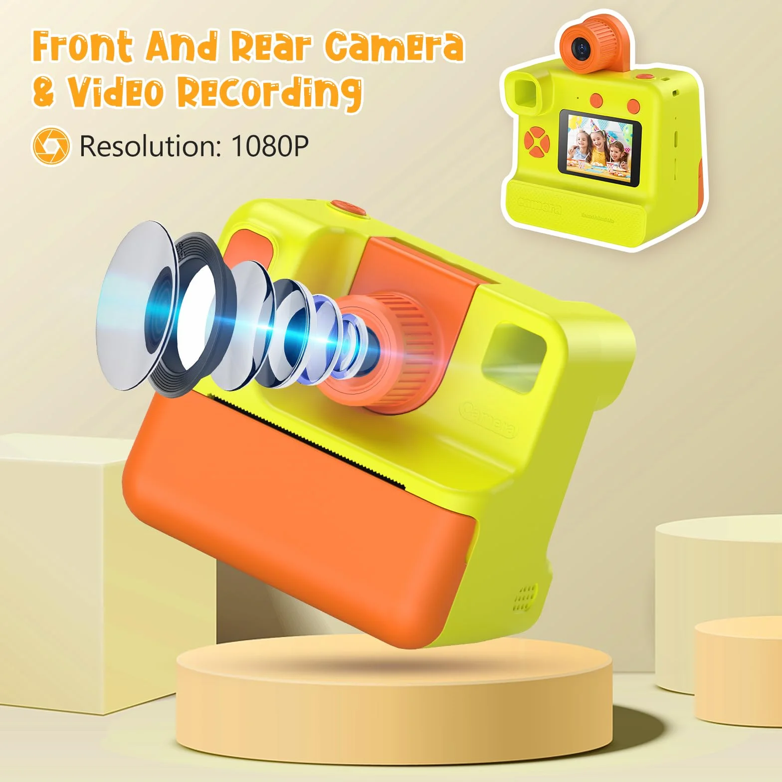 Macchina Fotografica Bambini Istantanea, 1080P Digitale Fotocamera Istantanea Bambini, Regalo per Bambini dai 3-12 Anni, 32GB Scheda SD, 5 Penne Colorate (giallo)