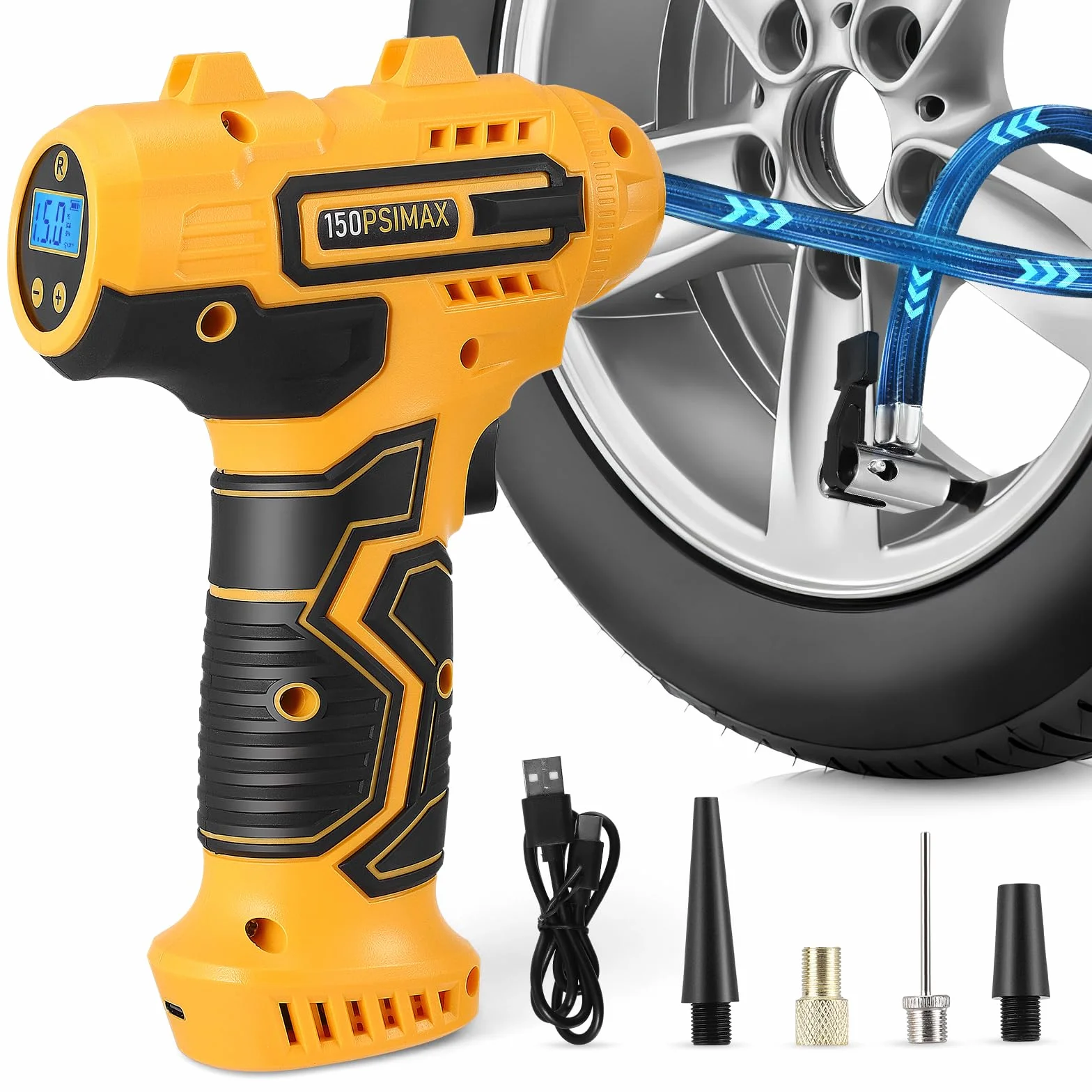 Pompa ad Aria Elettrica Compressore a Batteria per Bicicletta, Portatile, Display Digitale, Spegnimento Automatico, USB-C
