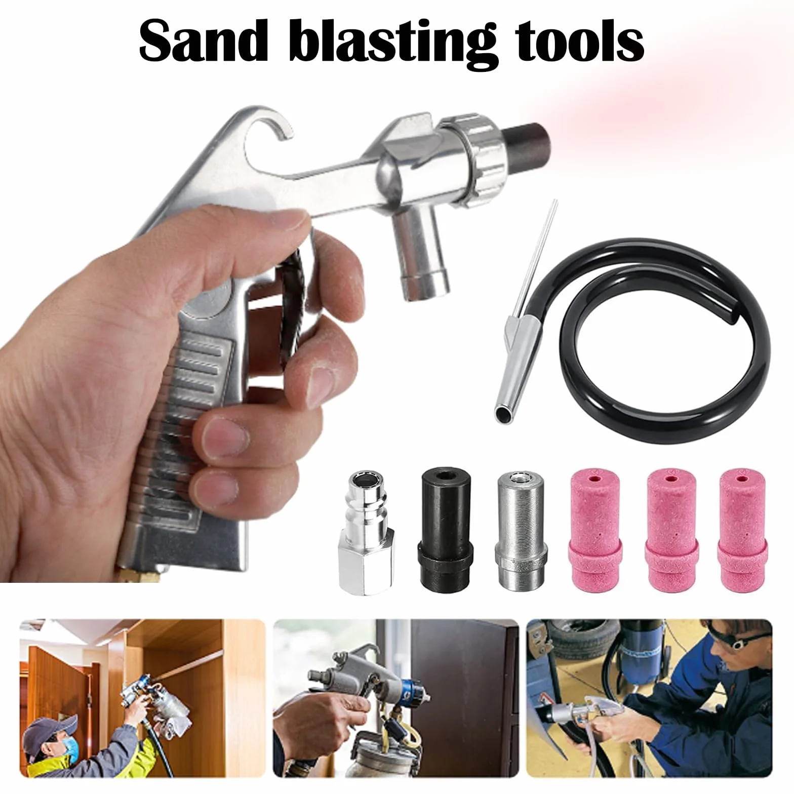Pistola Sabbiatrice Pneumatica per Compressore con Ugelli e Tubo 1M Gomma Kit