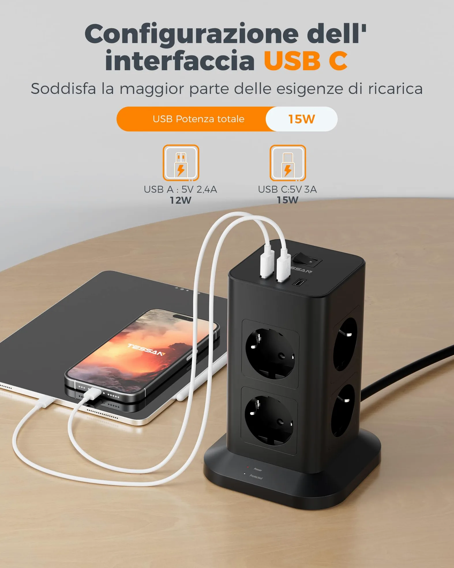 TESSAN 8 Prese Ciabatta Multipresa con USB, Ciabatta Elettrica con Cavo 2M, Torretta Multipresa con Protezione Sovratensione 1700J, Adattatore Prese Elettriche per Casa, Ufficio, Nero
