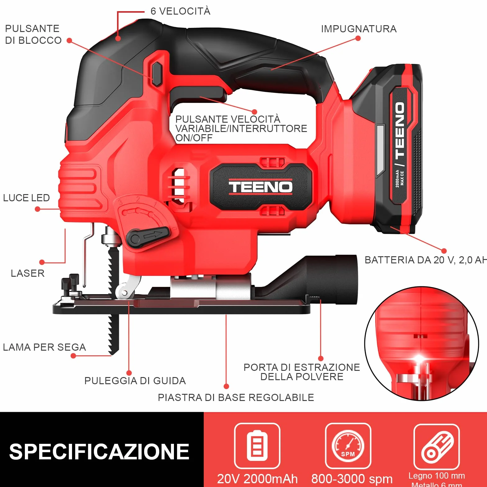 TEENO Seghetto Alternativo Senza Fili Per Batteria Makita 20V, Seghetto Alternativo laser 800-3000 SPM, 6 VELOCITÀ, LED, Angolo ±45°, 5 lame per Legno, Plastica, Metallo (Due Batterie, 2.0 AH)