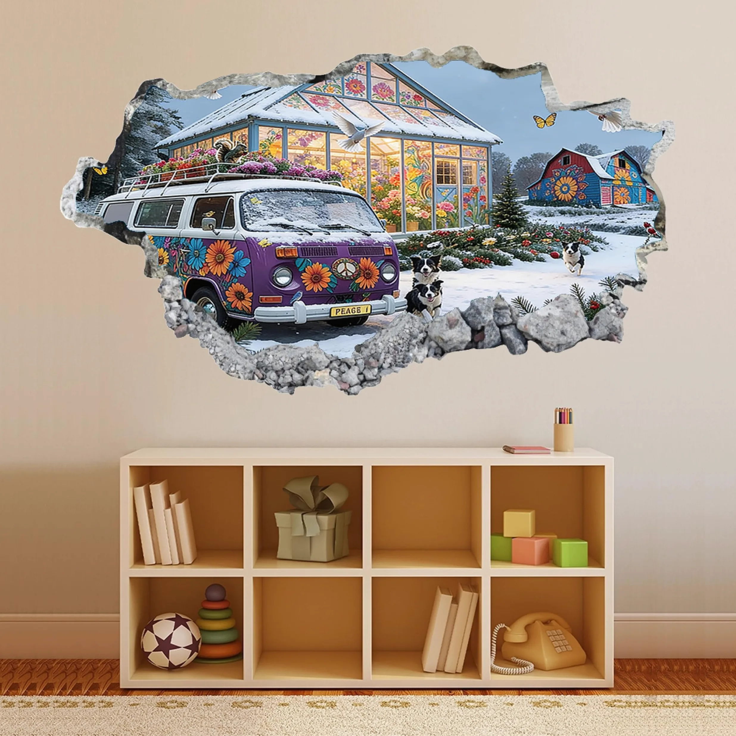 Adesivi 3D per decorazioni murali distruttiAuto E Cani Nella Neve Adesivo da parete Tatuaggio da parete per la decorazione della parete della cameretta dei bambini 70x122cm