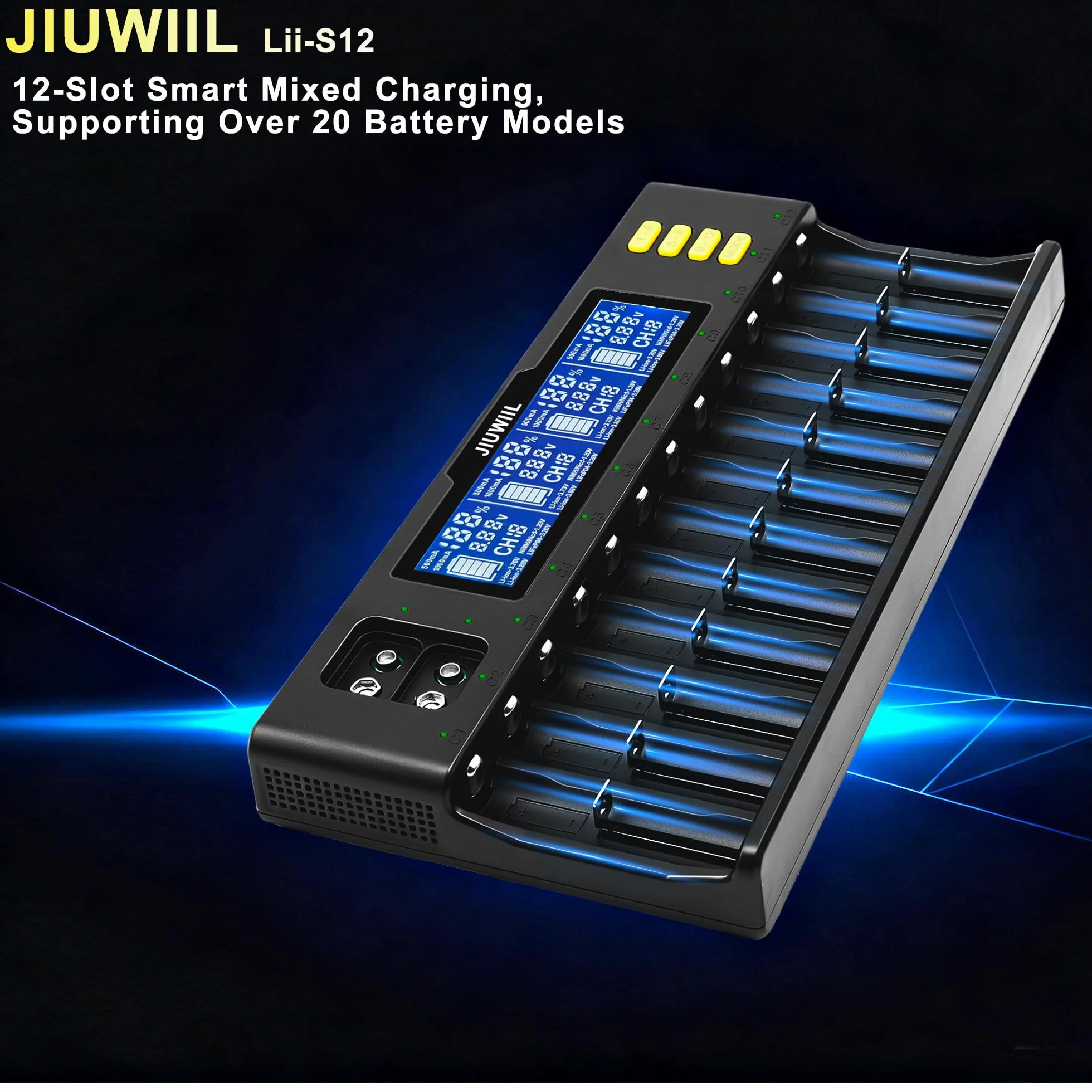 Caricabatterie 18650, JIUWIIL 12+2 slot Caricabatterie universale a ricarica rapida con display LCD per batterie ricaricabili Li-ion LiFePO4 RCR123 18650 26650 10440 14500 & 9V