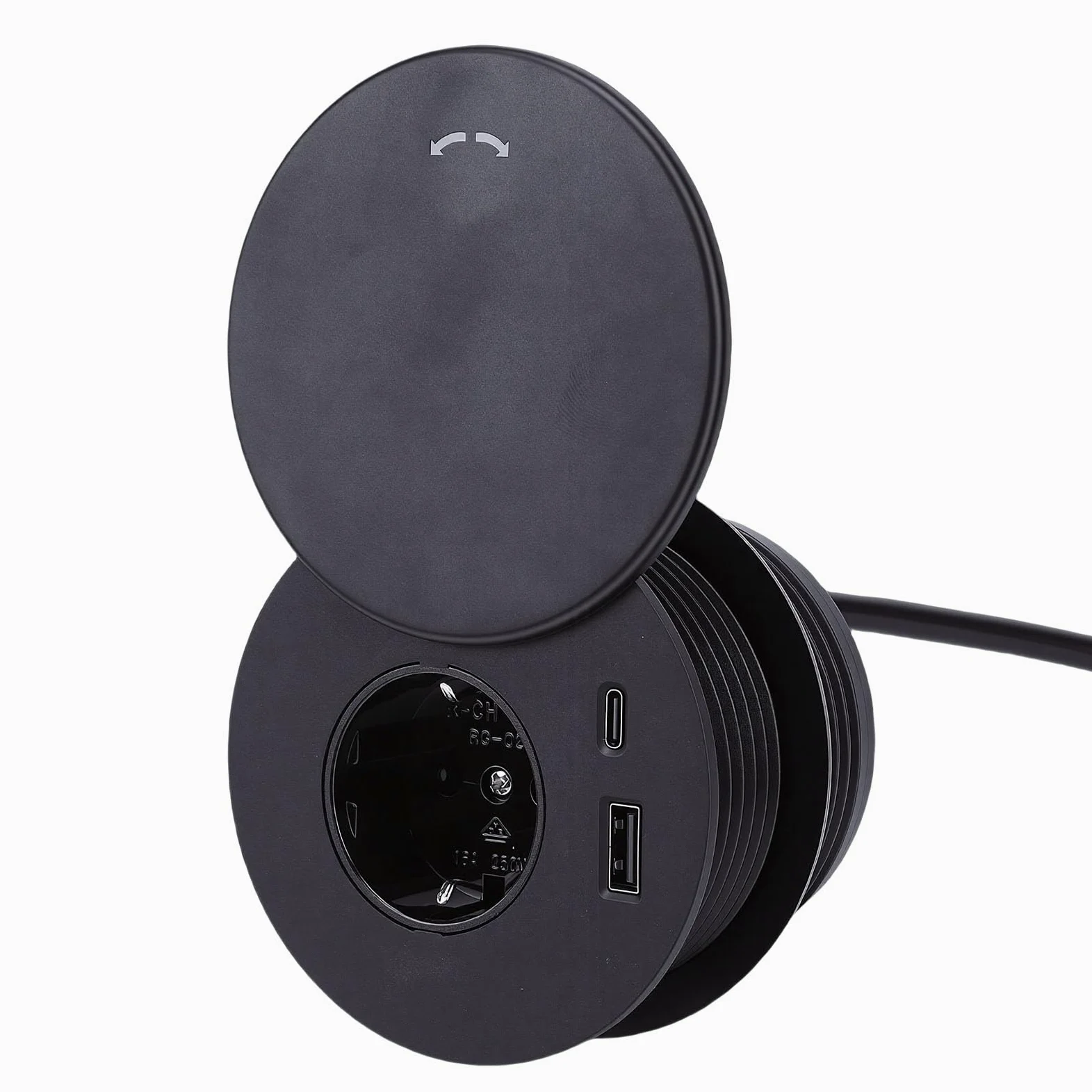 Jectse Ciabatta Integrata con Ricarica Rapida USB C, Presa da Incasso con Coperchio e Cavo, Presa da Tavolo 16A per Scrivania di Mobili, Ciabatta da Scrivania (Spina europea 220 V)