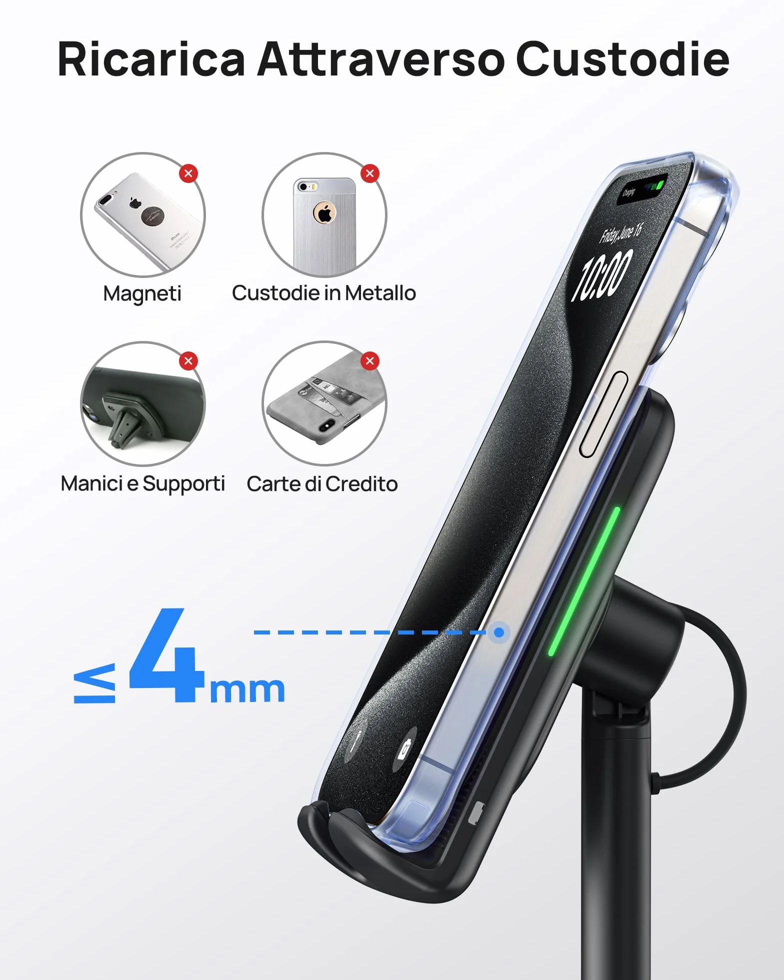 INIU Caricatore Wireless Phone Stand, 15W Certificato Qi Ricarica Rapida di Adujstable Wireless Charger Holder Indicatore Adattivo Supporto per iPhone 15 14 13 12 11 Samsung Galaxy Xiaomi Google LG