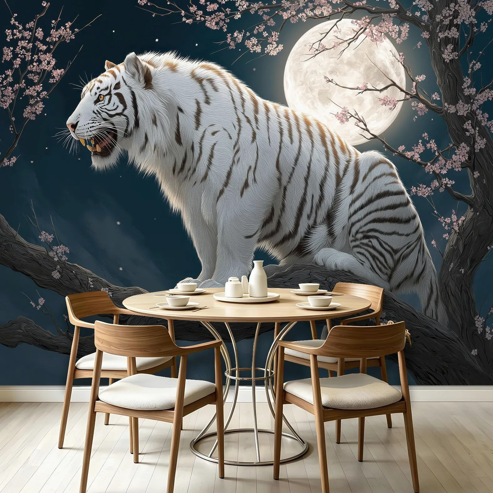 Carta da parati panoramica in tessuto non tessuto, fantasia animali, 350 x 256 cm, decorazione per soggiorno e camera da letto, effetto 3D, luna piena, fiori rami cielo notturno