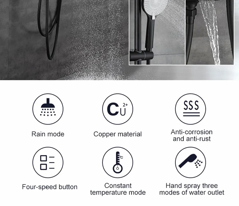 Set di rubinetti termostatici per Doccia, Rubinetto a Pioggia a Parete Nero con doccetta per Bidet, Miscelatore per Vasca, Caldo e Freddo, Cromato