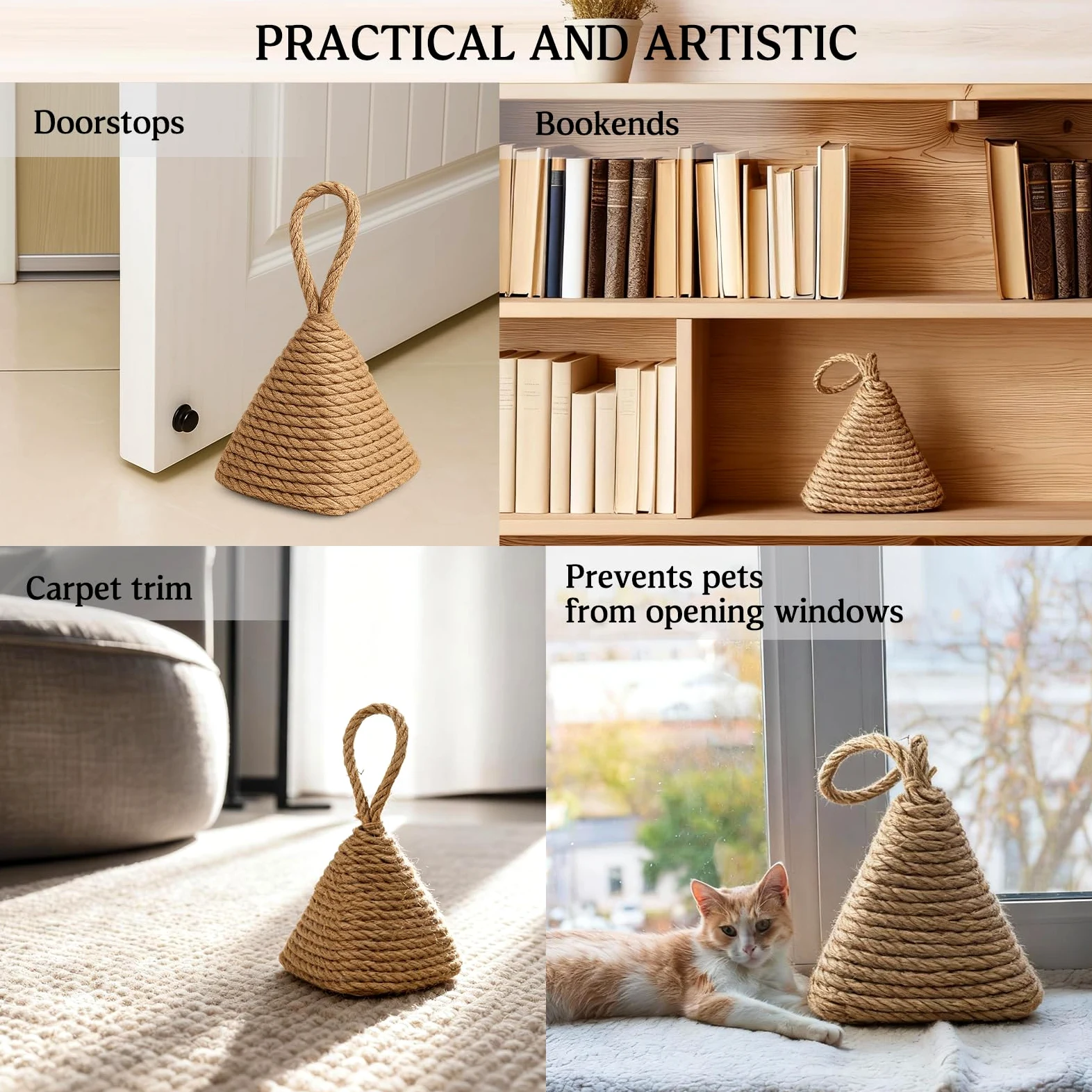 2 fermaporta naturali da 1,3 kg, decorativi con manico, in corda di canapa fatti a mano, fermaporta per finestra, camera da letto, soggiorno, fermalibri, rustico, decorazione per la casa