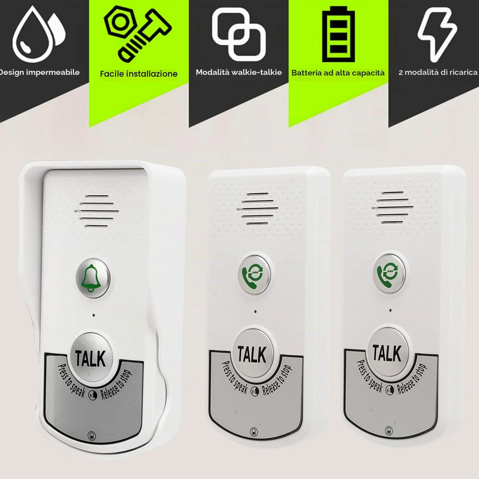Tonysa Campanello Citofonico Senza Fili, 1000M, con 1 Campanello Esterno e 2 Interni, Vocale Intelligente, 2000mAh, IP54, Bianco