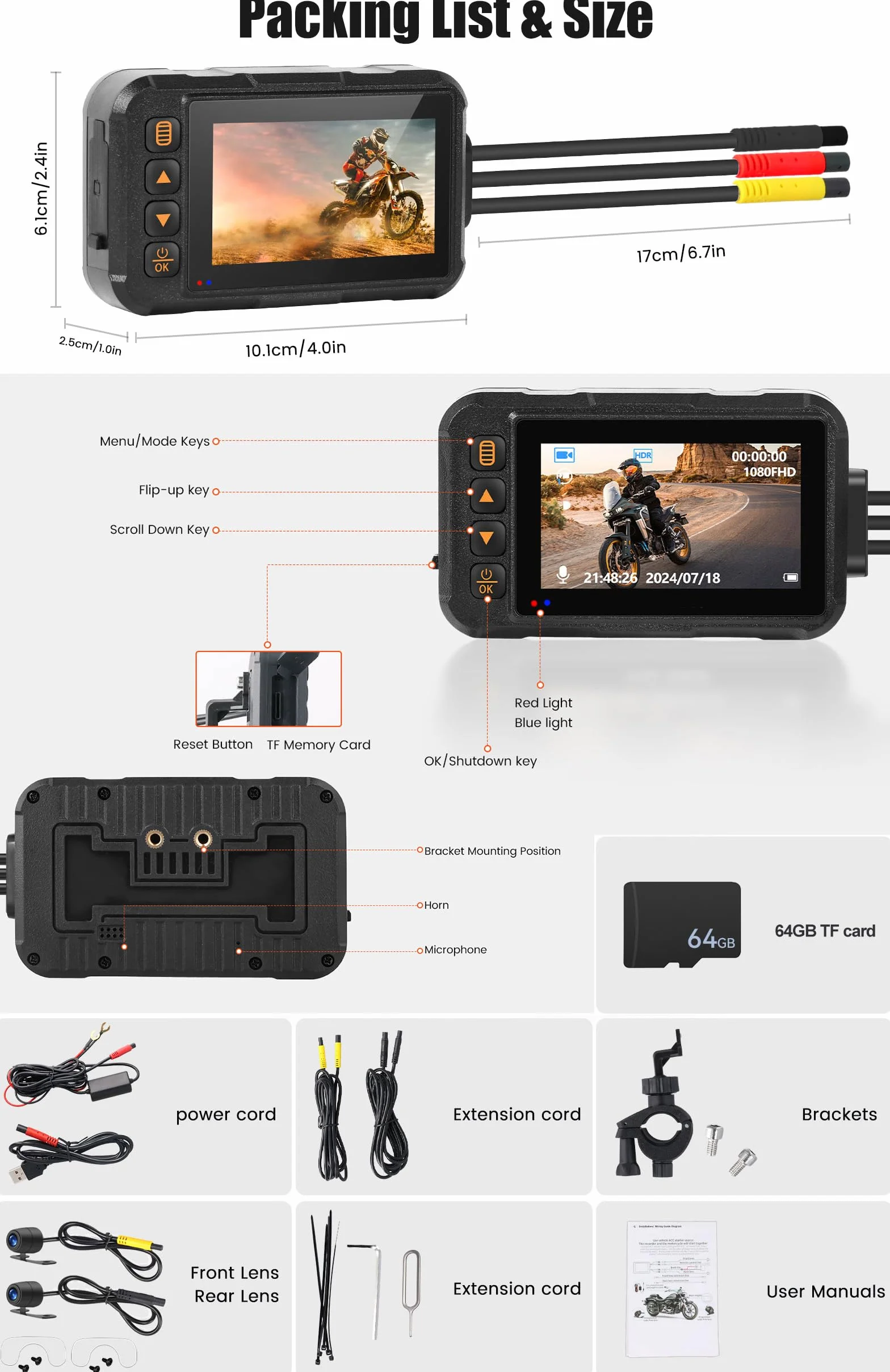 CAMECHO Moto Dash Cam 3 Pollici Schermo con 64GB TF Scheda, IP67 Impermeabile Doppia Telecamere Grandangolare 120 Gradi 90 Gradi Fotocamera per Moto con HDR, G-Sensor, Registrazione in Loop