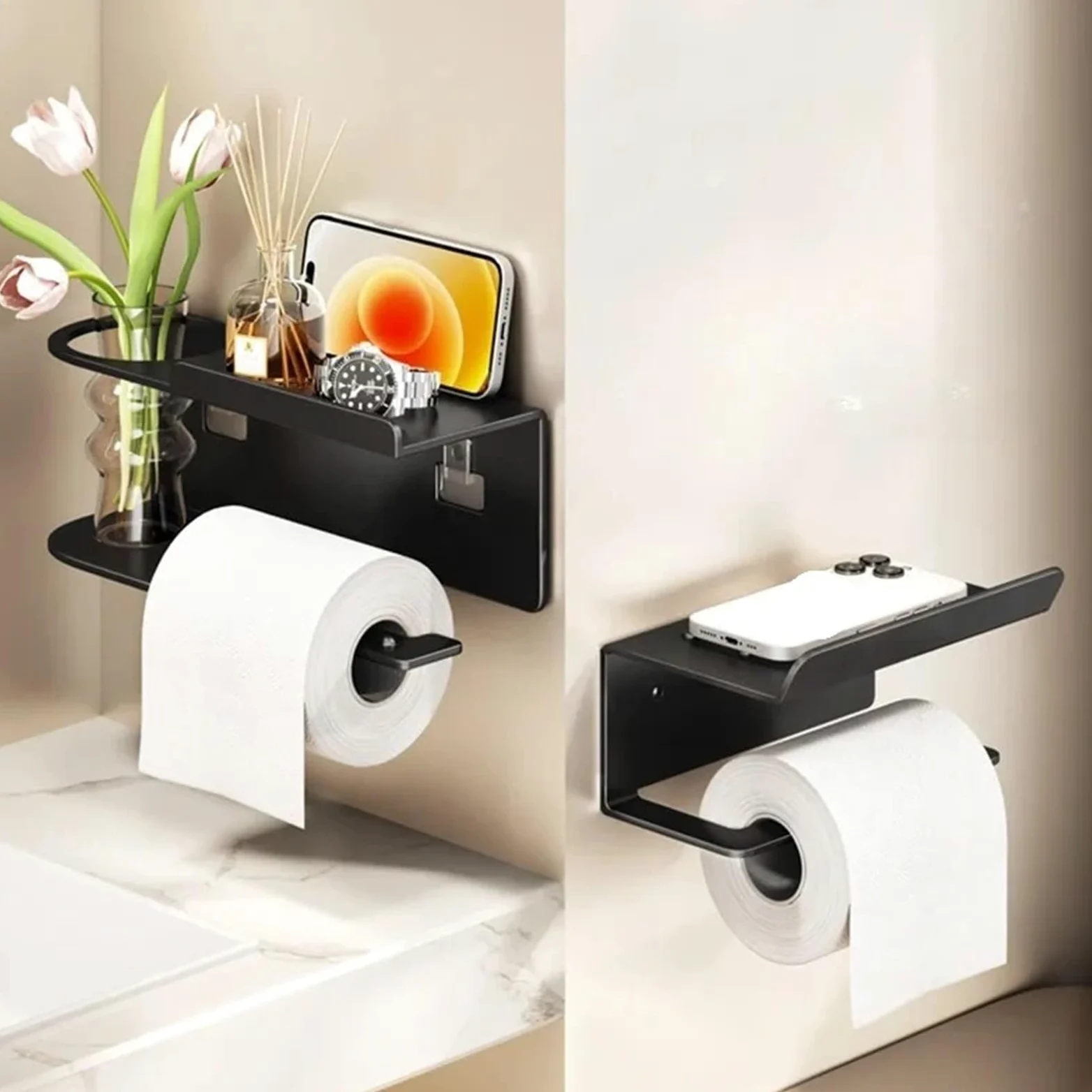 Portarotolo WC adesivo con mensola Porta carta igienica a parete | Con dispenser for rotoli e ripiano portaoggetti: organizer salvaspazio for il bagno di casa(Grey-B)