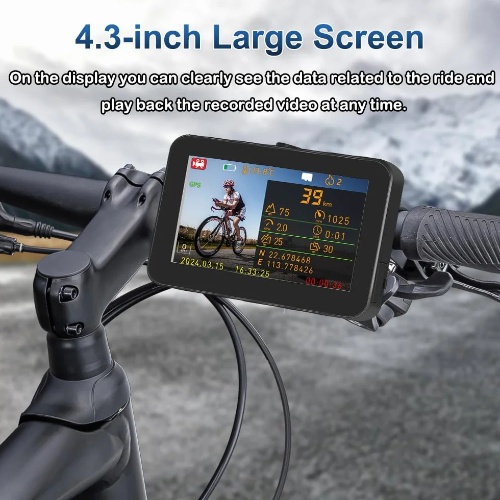 Telecamera posteriore per bicicletta VSYSTO, display HD impermeabile da 4,3 pollici con GPS, controller cablato, visione notturna a infrarossi, display di temperatura e calorie