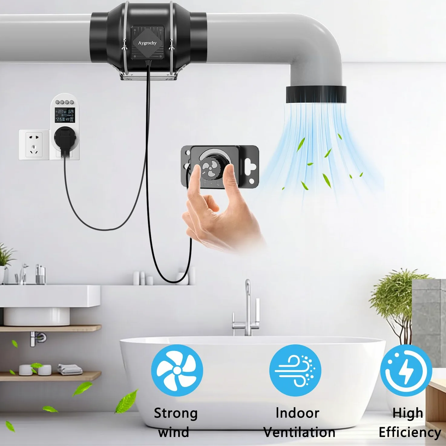Aygrochy Ventola Aspiratore 125 mm con presa smart e sensore di umidità | Ventilatore di scarico (416 m³/h) Estrattore Aria con sensore di umidità Per Serra,Tende di Crescita,Coltura Idroponica.