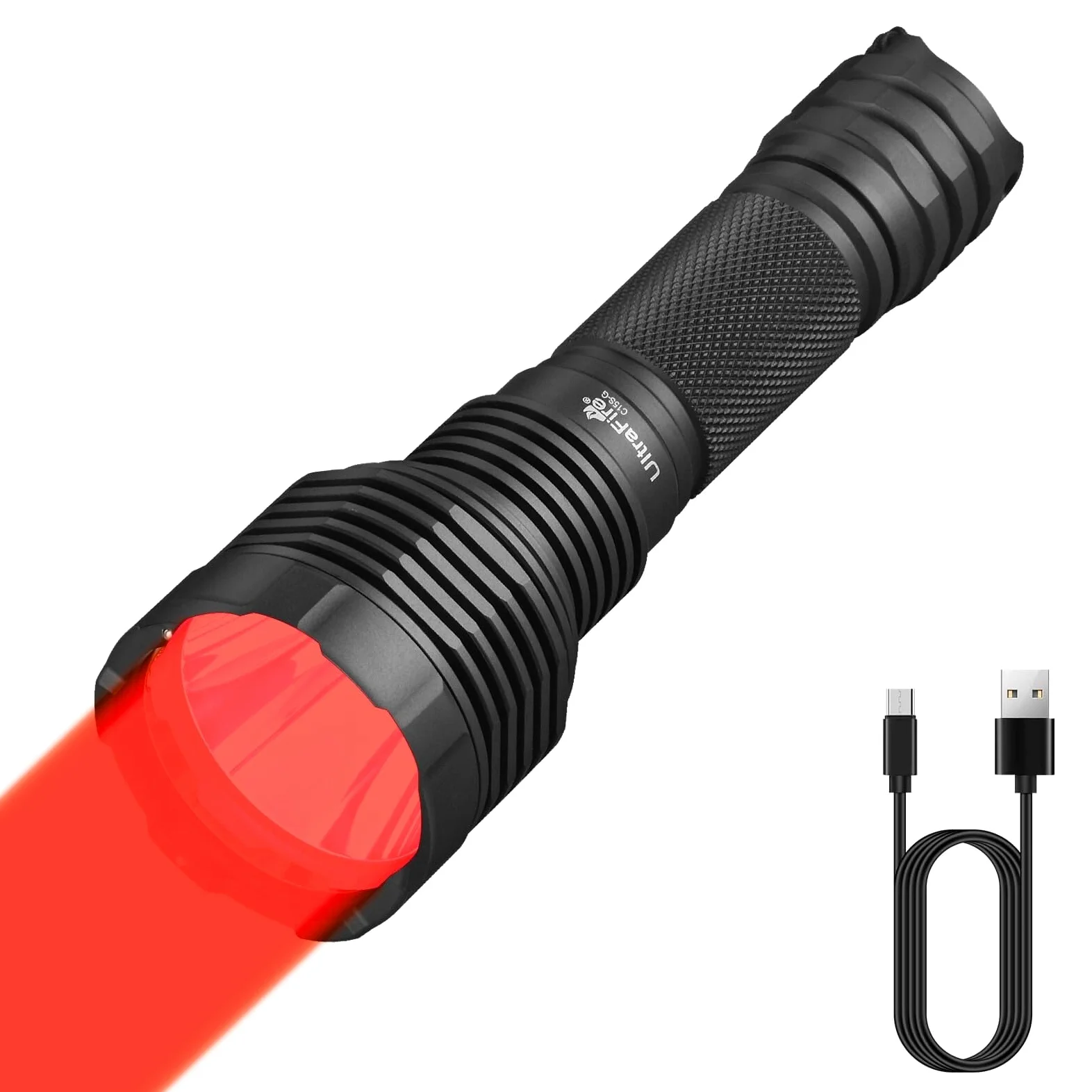 UltraFire Torcia da caccia ricaricabile a luce rossa, 620-630 nm, luce rossa a LED, portata di 350 metri, 2 modalità per visione notturna, fotografia astro, fotografia da camera oscura, C15S-R