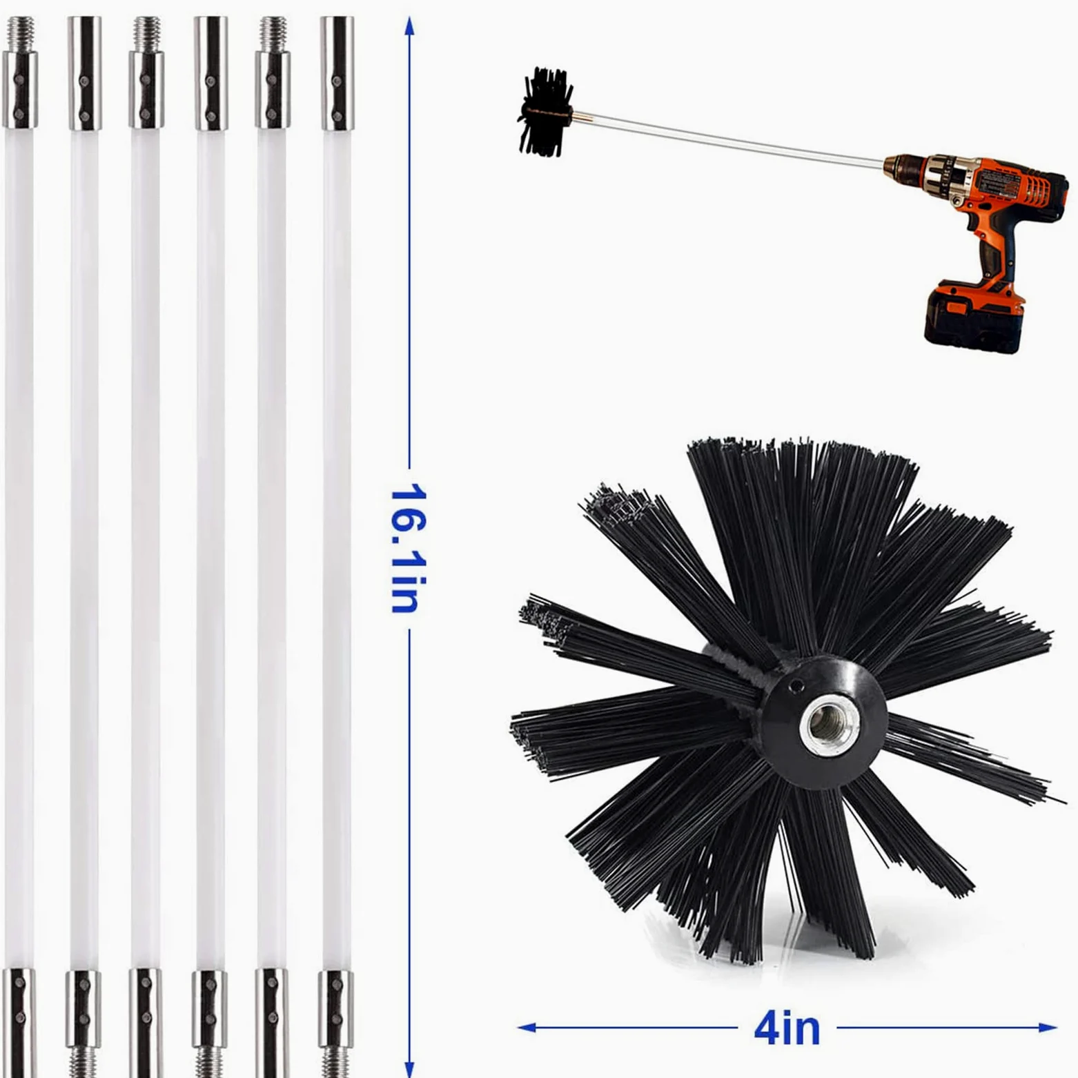 Kit Spazzacamino 2.4/3.6/4.9/6M Spazzola Canna Fumaria Spazzola Pulizia Camino Estensibili con Aste Flessibili Set di Spazzole per Camino per Tubi Ventilazione Camino Grondaia,20FT