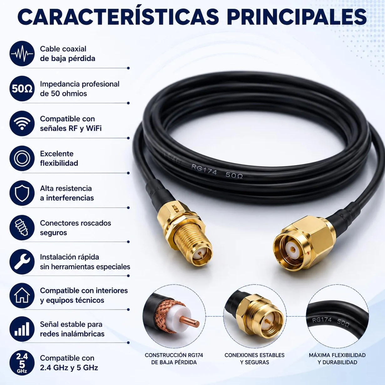 CABLEPELADO Cavo Antenna di Prolunga RP-SMA a SMA Maschio/Femmina - Bassa Perdita per WiFi, Scheda di Rete Wireless PCIE Mini PCI Express - 2 Metri