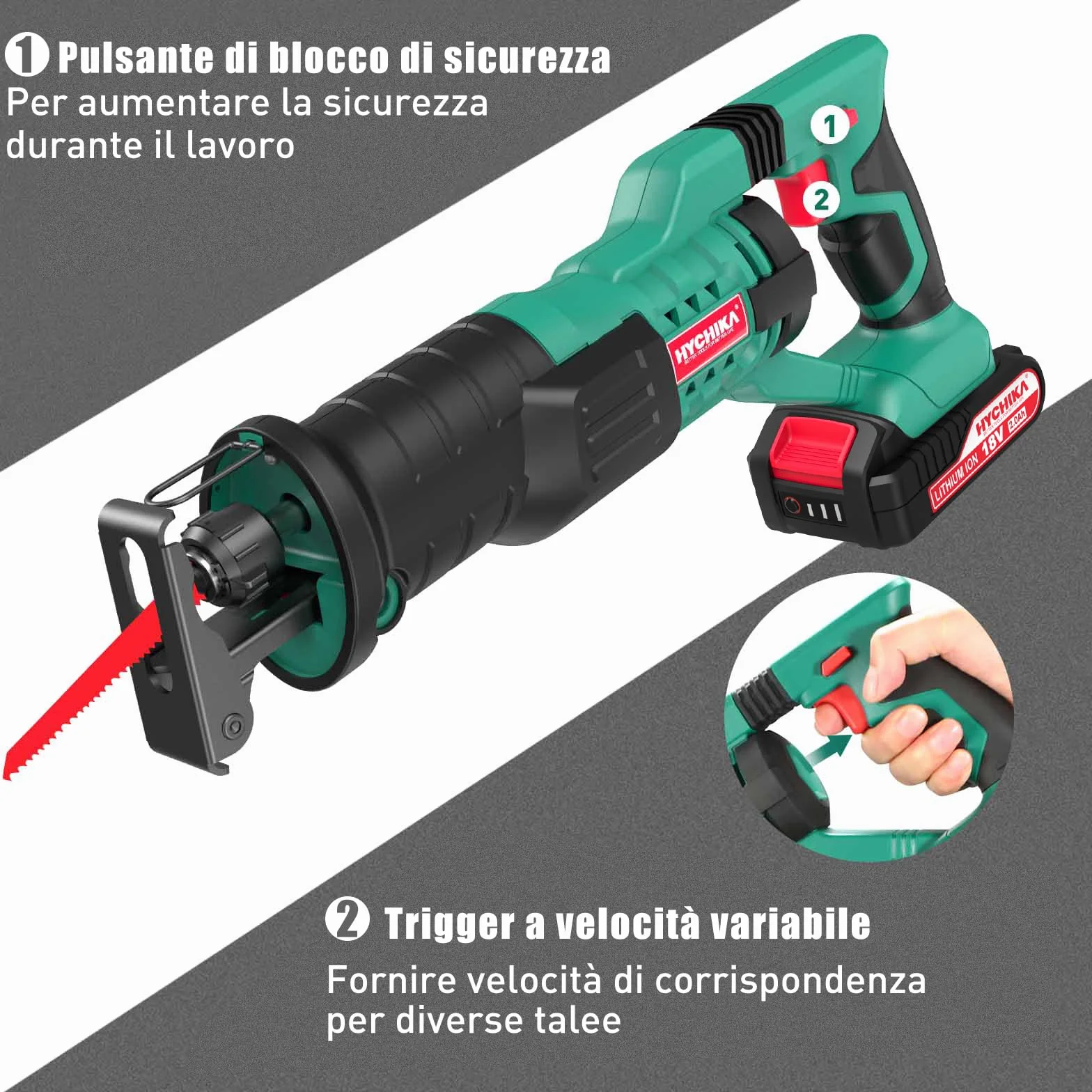 HYCHIKA Sega a Gattuccio, Seghetto A Batteria 18V, 2 batterie 2,0Ah, Velocità Variabile 0-2800 SPM, 2 Lame, Caricabatterie rapido, Luce LED, Adatto per Tagliare Legno e Metallo