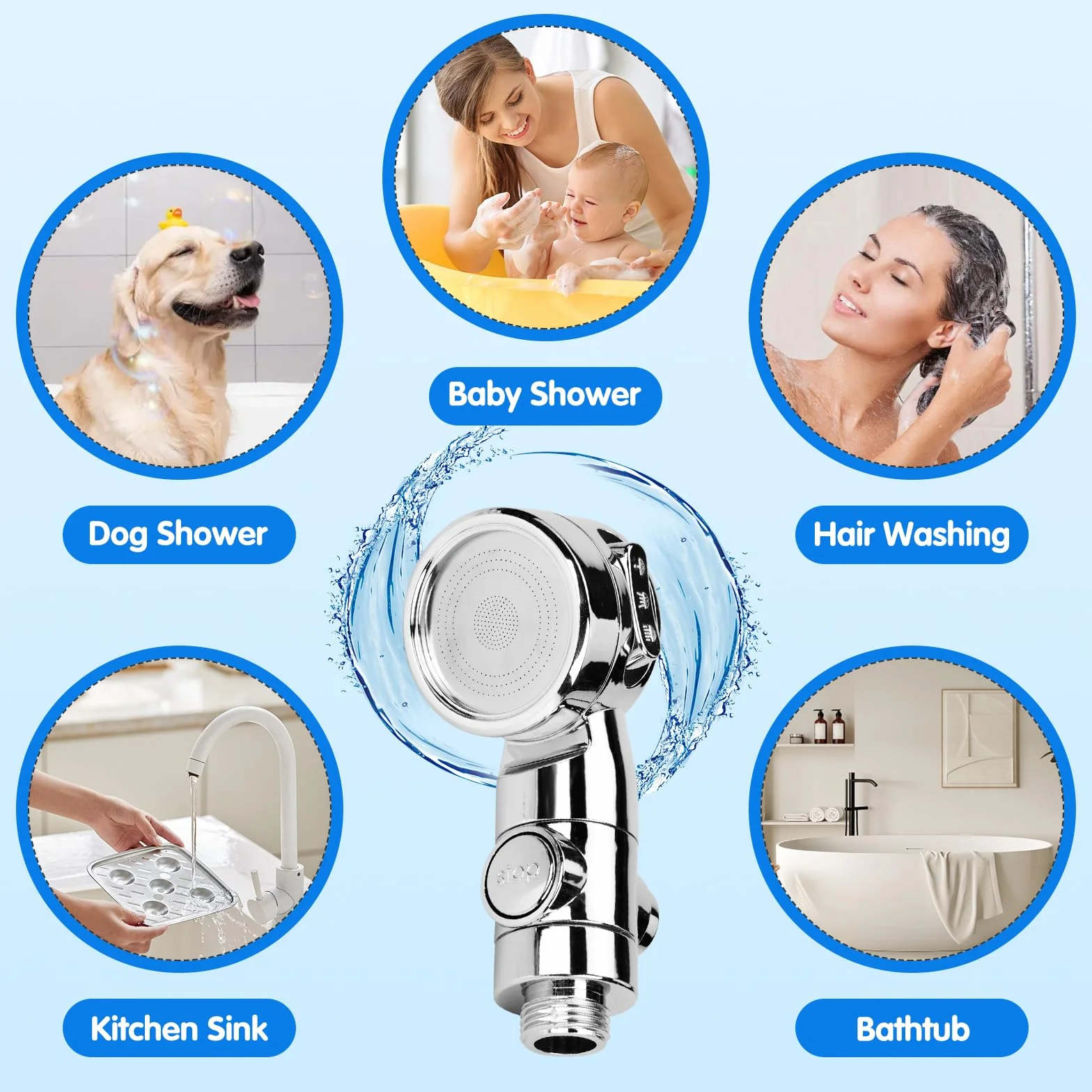 Doccetta per Lavandino Bagno con Tubo Estensibile 3M Set Soffione Doccia 6 Adattatore