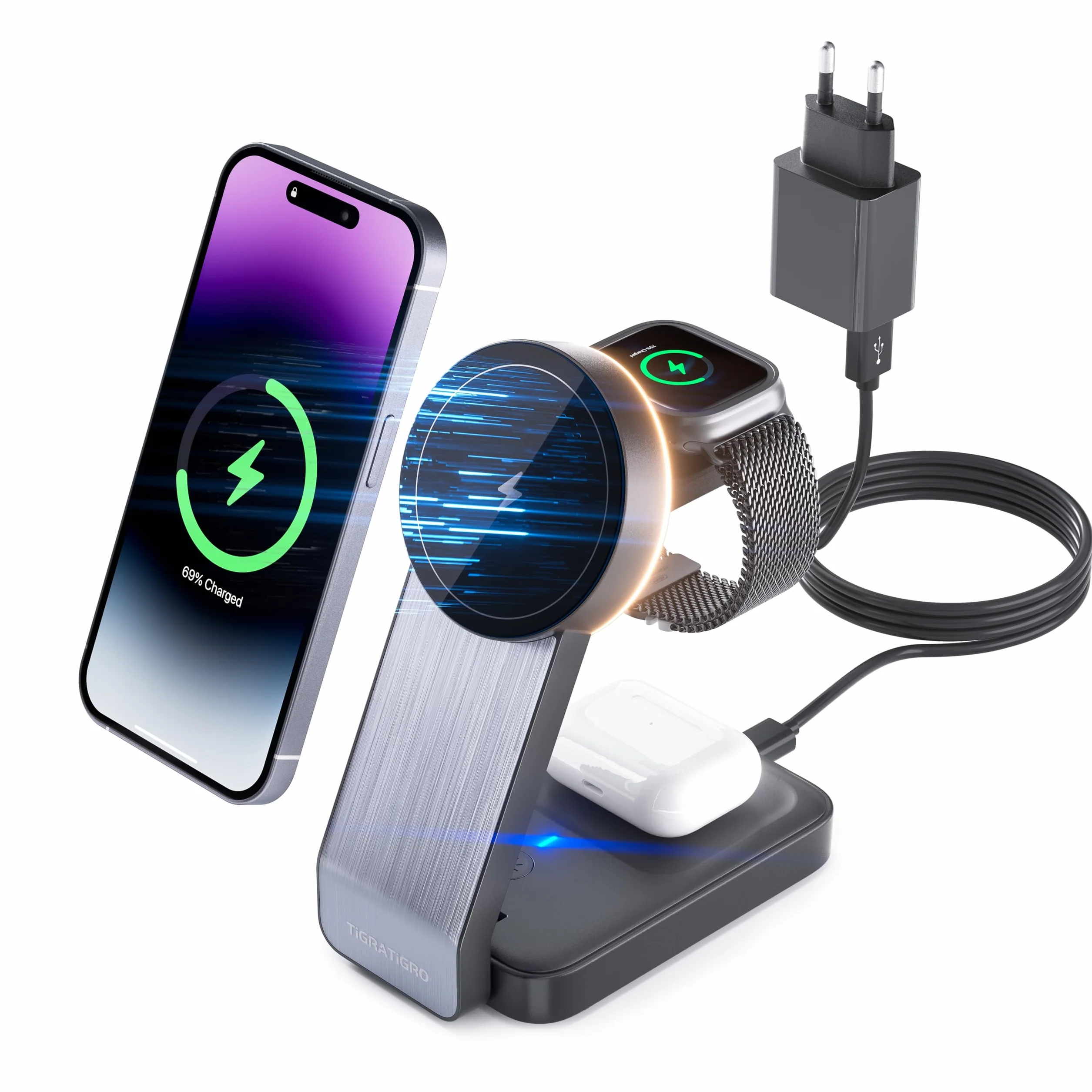 Tigratigro Caricatore Wireless per iPhone con Mag-Safe, 3 in 1 Ricarica Rapida Stazione Magnetica Pieghevole portatile Charger per iPhone 12/13/14/15/16, AirPods 2/3/4/Pro, Watch - Nero