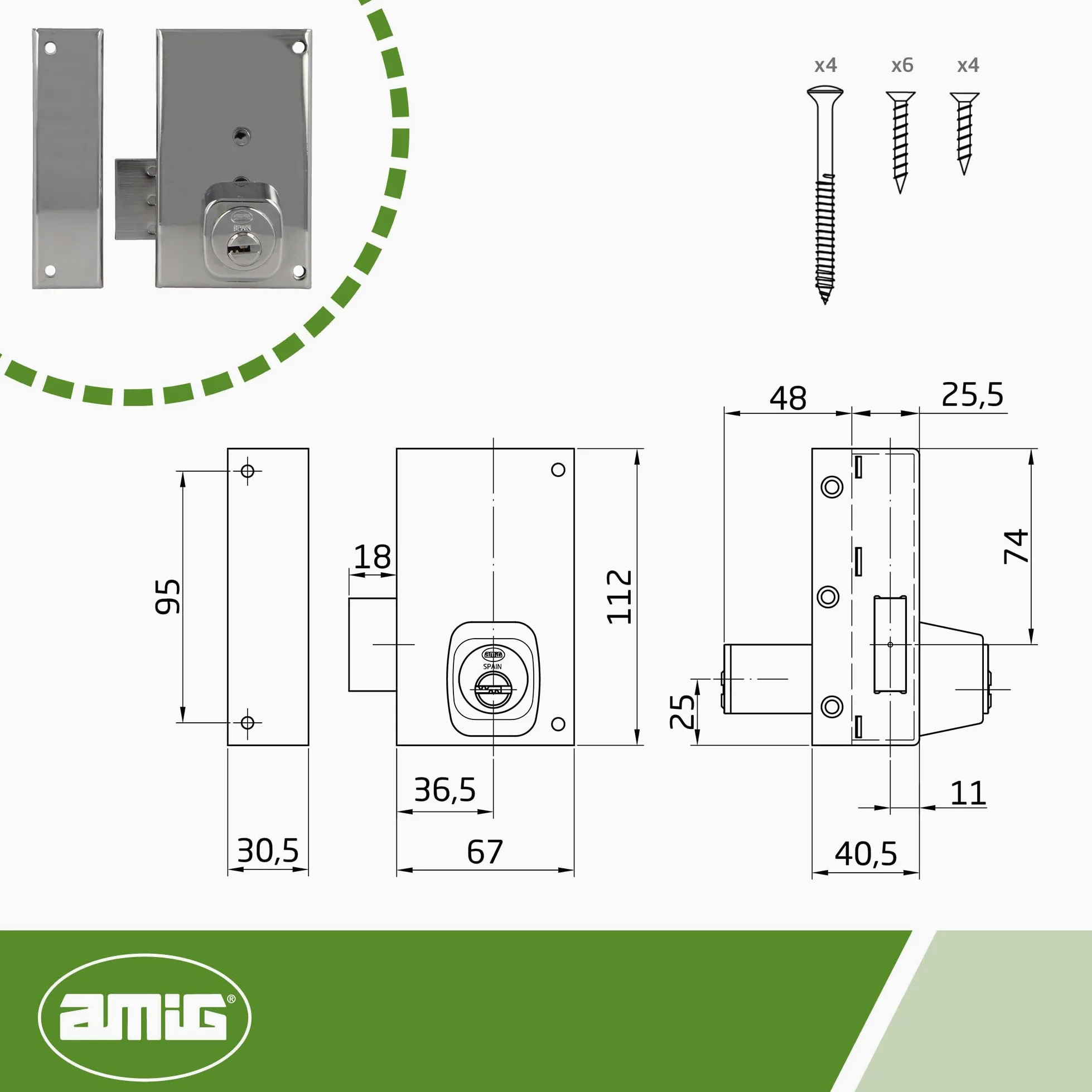 Amig - Serratura a sovrapposizione sinistra con leva di chiusura e linguetta per porte in legno mod. 75P, 67 x 112 mm, cilindro rotondo di sicurezza, acciaio argentato