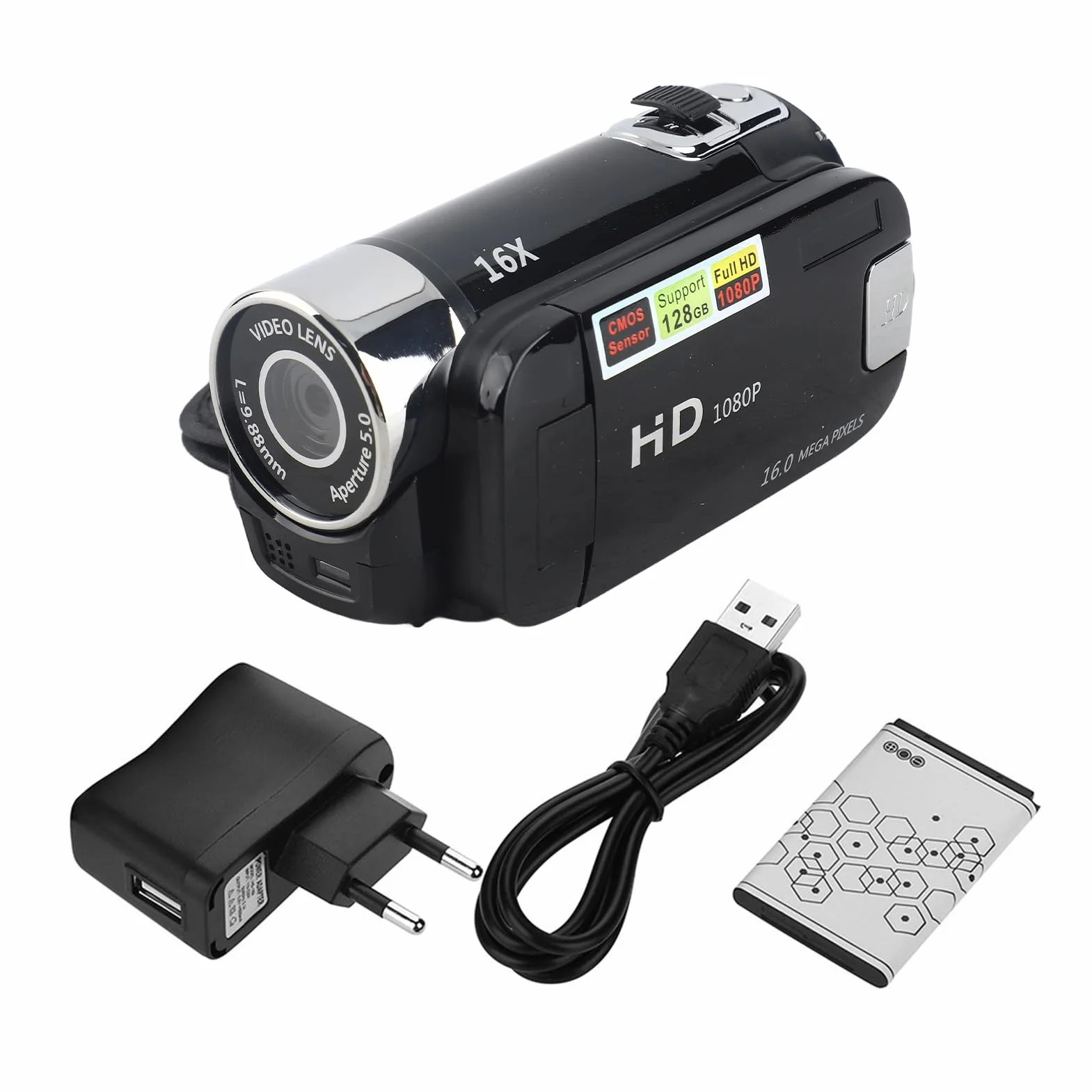 Videocamera Digitale FHD Camcorder Con Rotazione di 270°, Alta Definizione 1080P, 16X Zoom, 32G Scheda Memoria per YouTube