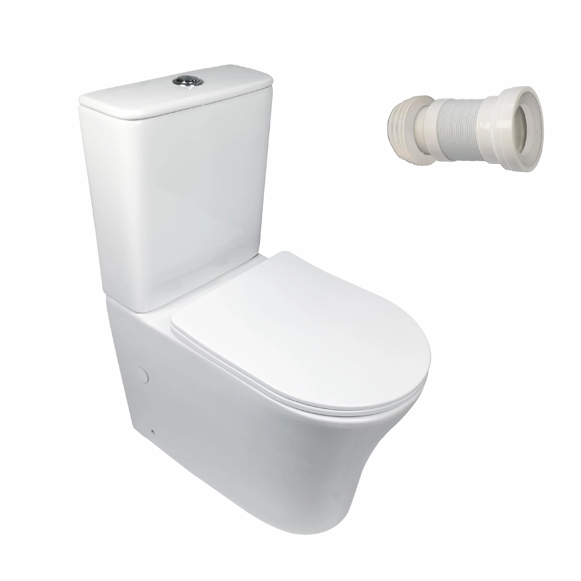 BAIKAL Confezione WC + manicotto estensibile 150-470 mm. WC compatto a pavimento con sistema Rimless e cisterna monoblocco a doppio scarico. Sanitario con doppia uscita e sedile con caduta