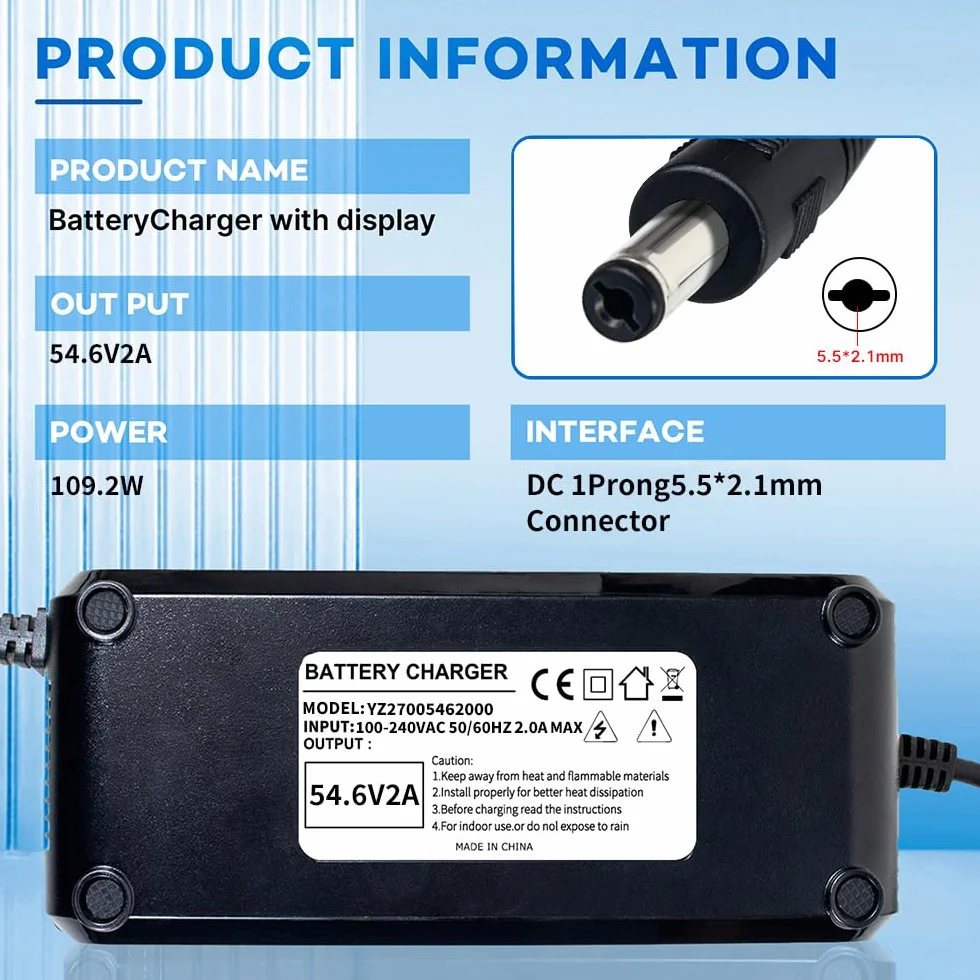 Caricabatterie da 54,6 2 A per scooter elettrico, 48 V, 13 s, batteria agli ioni di litio a 1 foro, spina da 5,5 x 2,1 mm, alimentatore di rete da 48 V con ventola integrata, con display per la