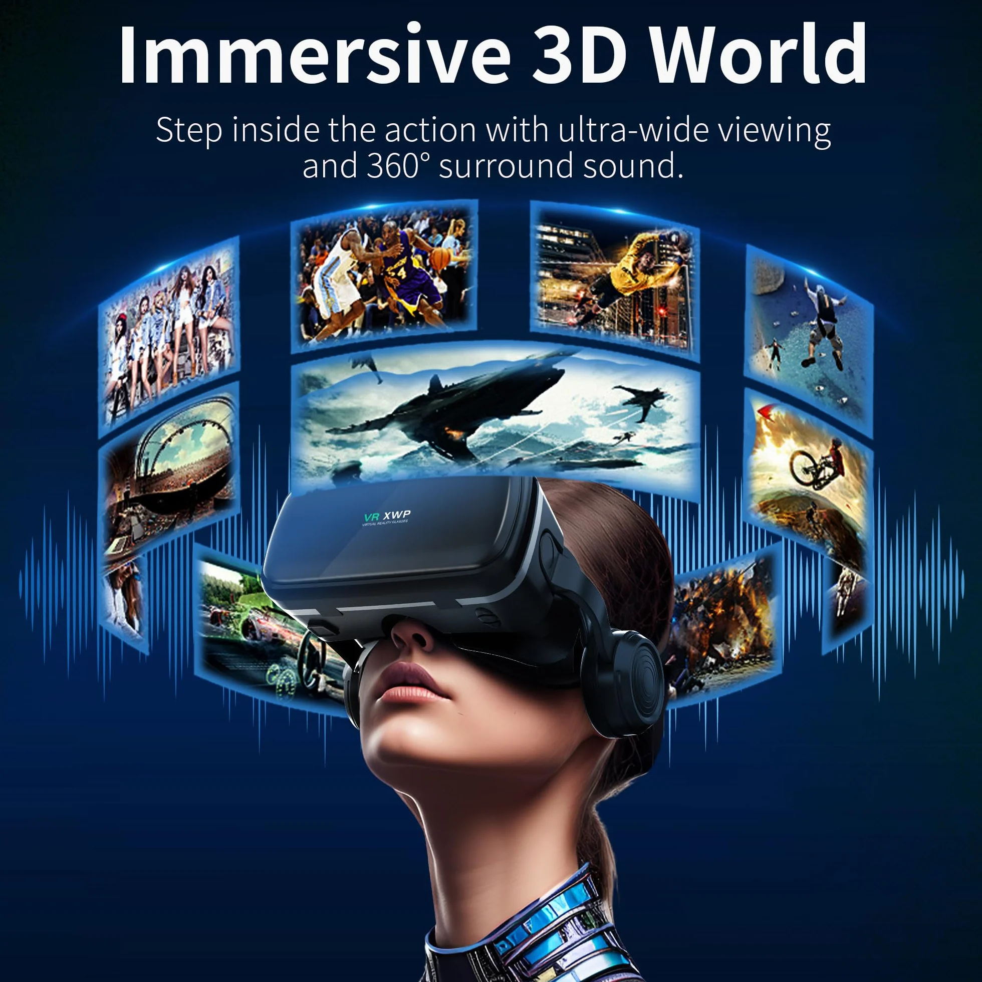 XWP Visore Realtà Virtuale 3D Con Cuffie Per Smartphone, Occhiali VR Con Lenti HD, Compatibile con IPhone&Android 4,7–6,8", Per giochi e film, Festività Per Amici E Famiglia