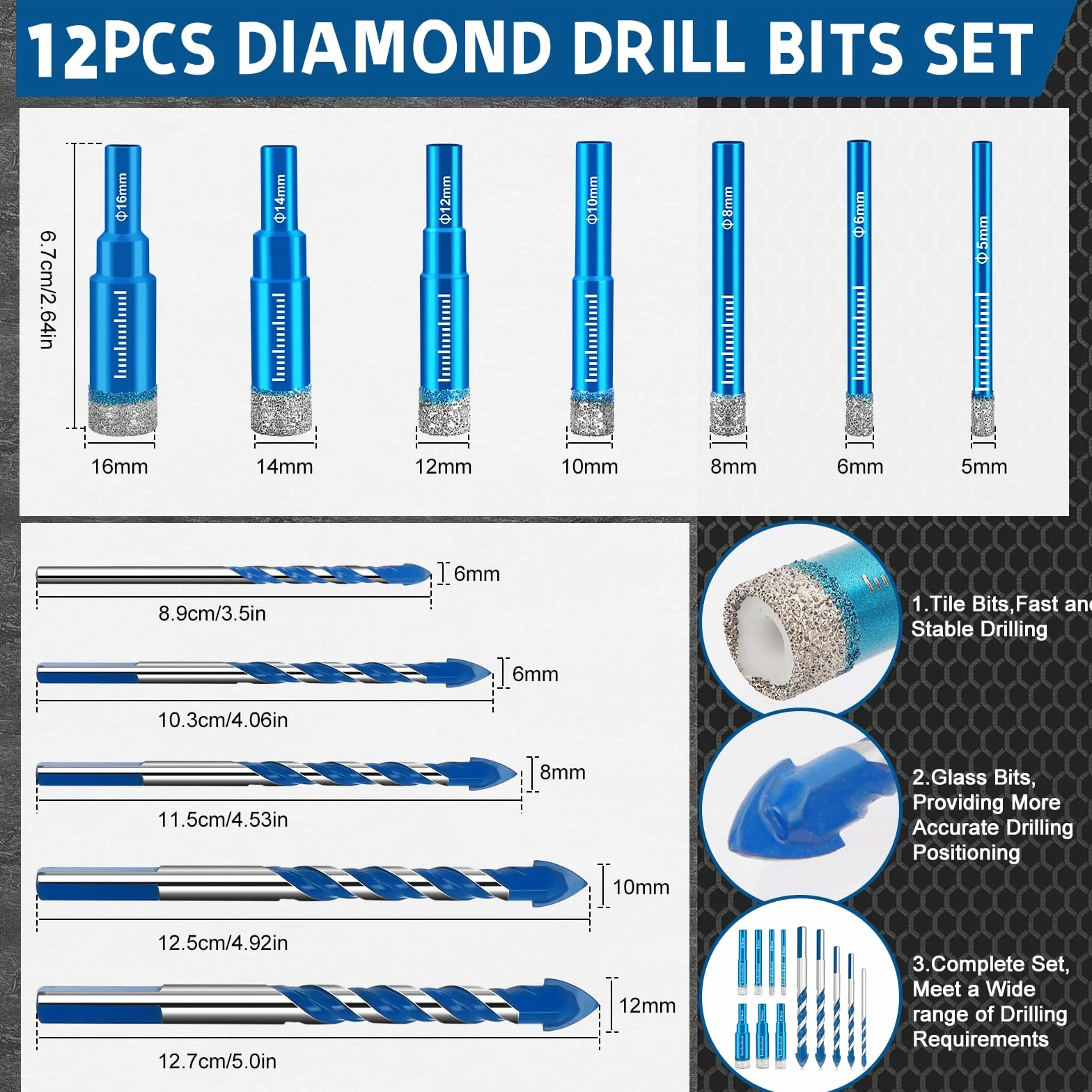 Set di Punte per Gres Porcellanato 12 Pezzi, Punte Diamantate 5-16mm e Carburo 6-12mm per Granito, Vetro, Piastrelle