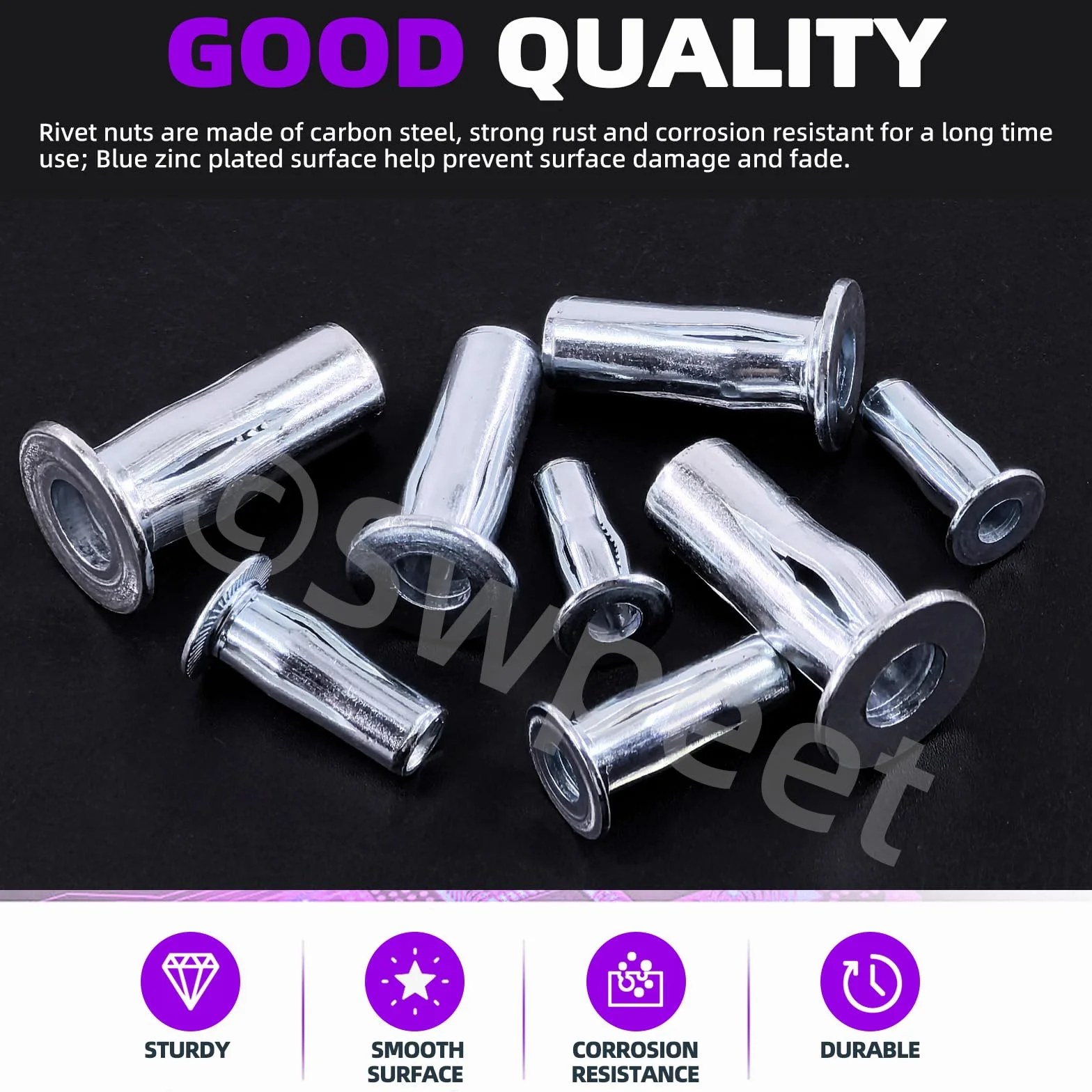 Swpeet Set di 20 dadi rivettati metrici M5 in acciaio al carbonio placcato zinco Kit rivetti Bulb Shank Testa piatta Inserto filettato