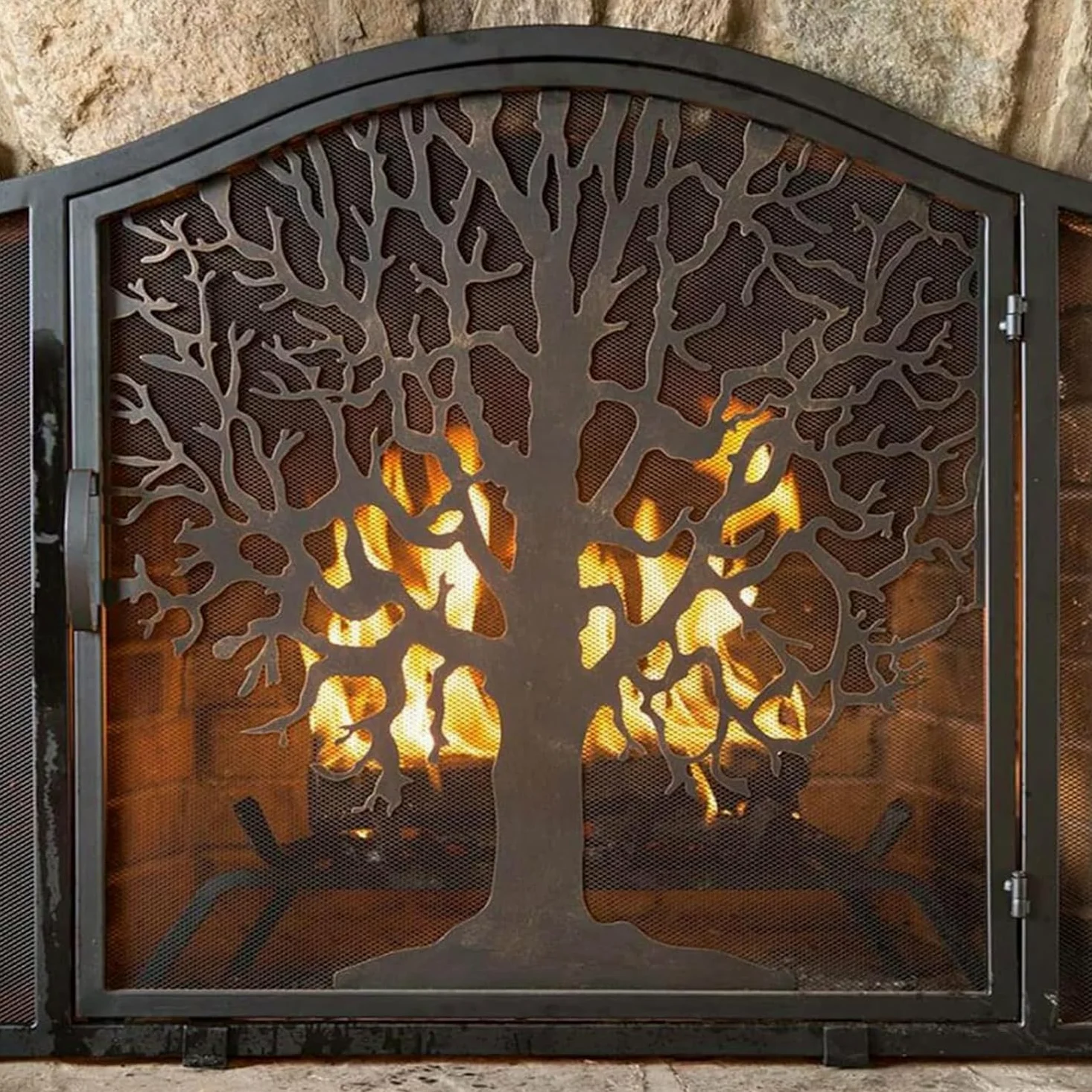 Paravento per camino in ferro battuto a forma di albero con porta, realizzato a mano, parascintille per bruciatori a legna e caminetti aperti per soggiorno