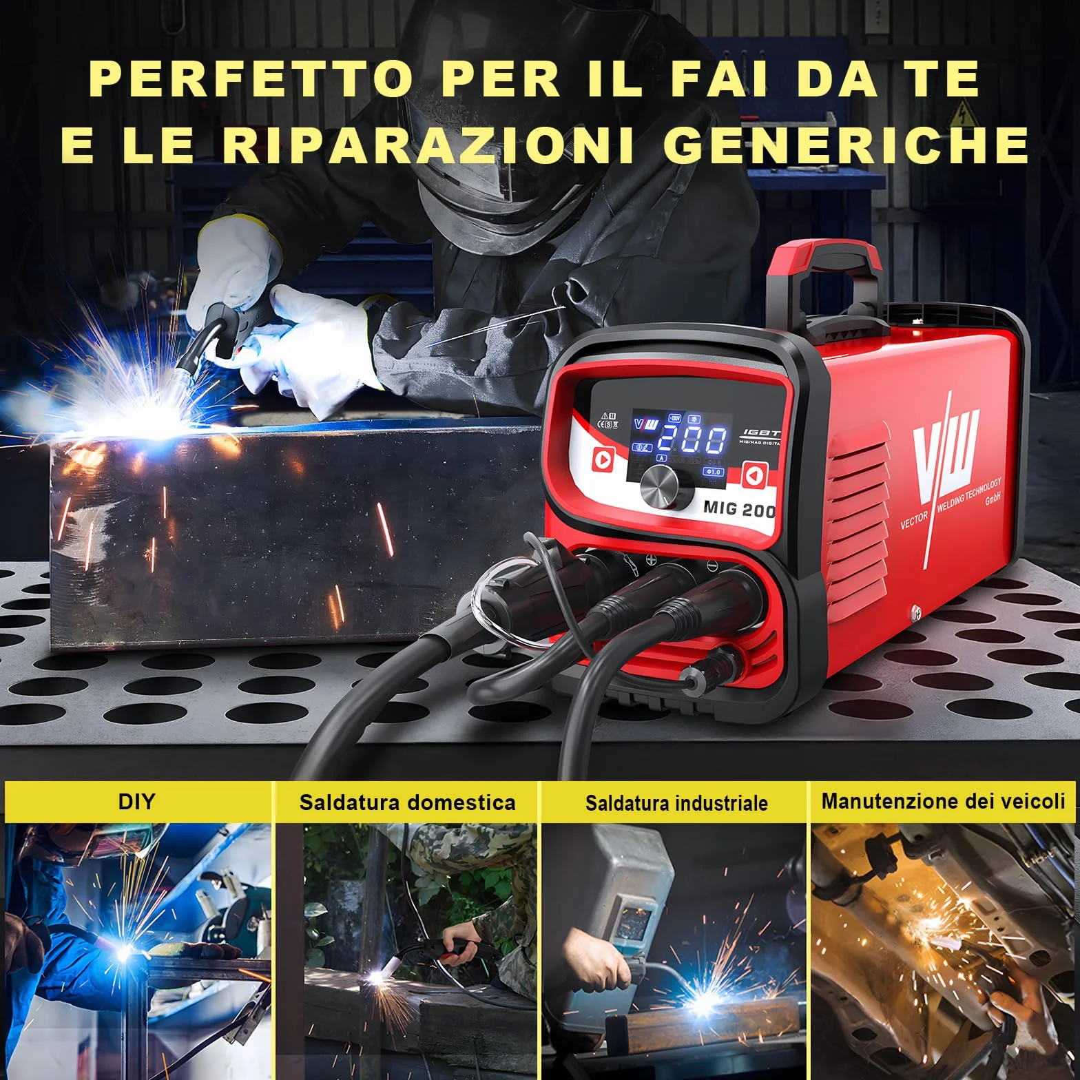 VECTOR WELDING Saldatrice a Filo Continuo 4-in-1 MIG/MAG/MMA/LIFT TIG con Display Digitale