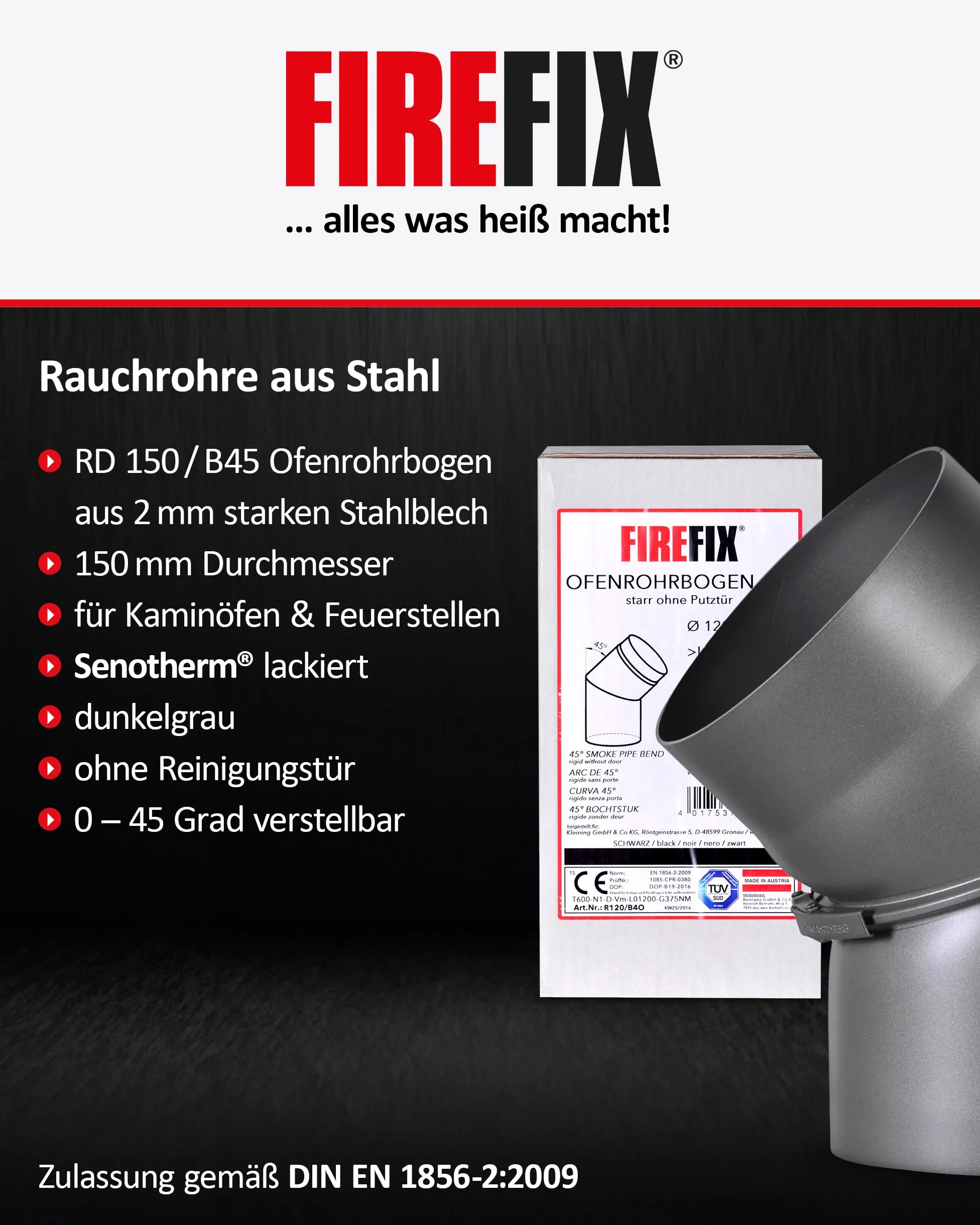 Tubo a gomito in acciaio spesso 2 mm (tubo fumo) di diametro 150 mm, per stufe e fuochi da camino, Senotherm, grigio scuro, regolabile a 0 – 45 gradi, senza porta di pulizia