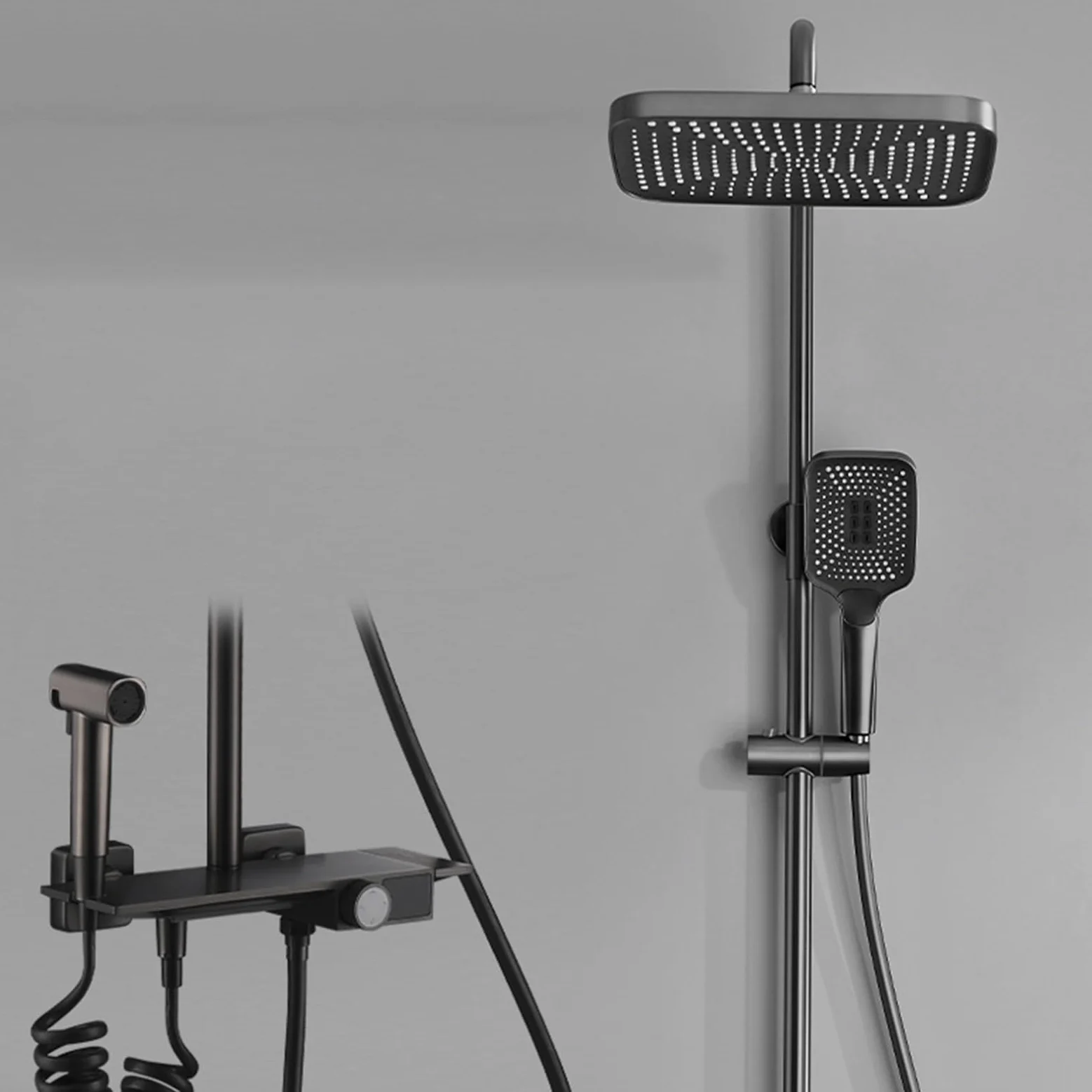 Sistema Doccia a Vista, Set di rubinetti per Bagno Grigio, soffione Regolabile in Altezza con soffione, doccetta per Vasca a Cascata e doccetta per Bidet