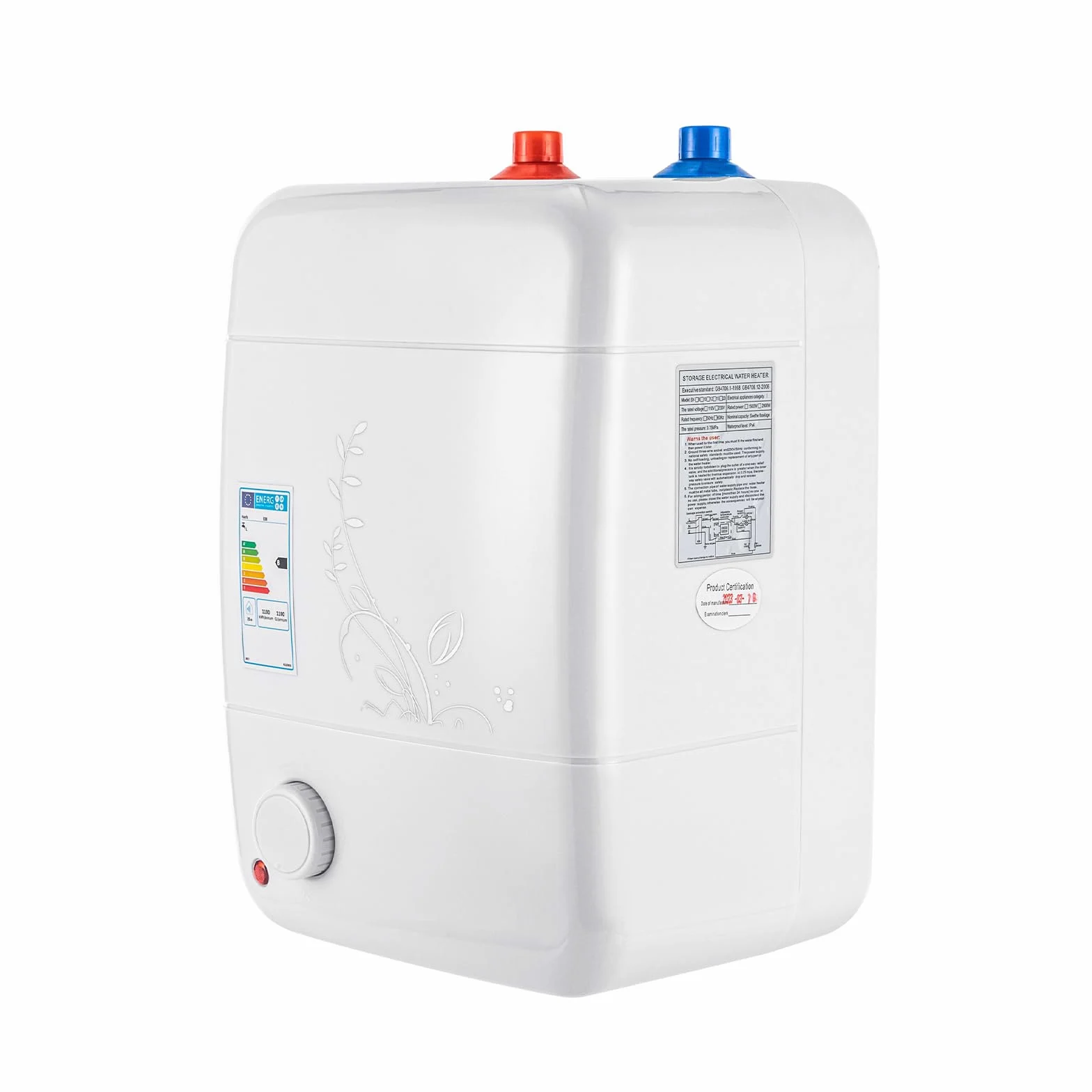 EU CE - Scaldabagno elettrico da 8 l, 220 V, 1,5 kW, piccolo scaldabagno istantaneo senza pressione con acqua calda fino a 75 °C, per lavabo, bagno, lavello da cucina (23 x 21 x 36 cm)