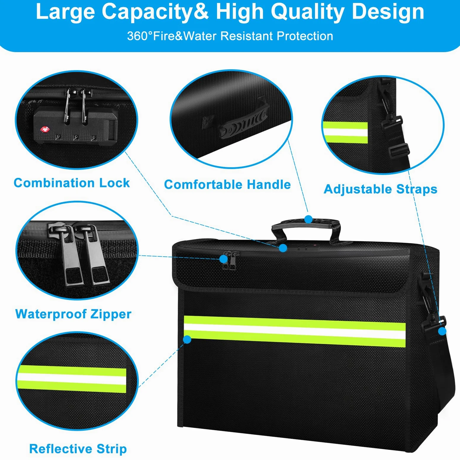 Borsa portadocumenti ignifuga, con scatola ignifuga a 9 strati con materiali isolanti e cerniera impermeabile, scomparti per cartelle rimovibili, striscia riflettente per contanti, documenti, gioielli