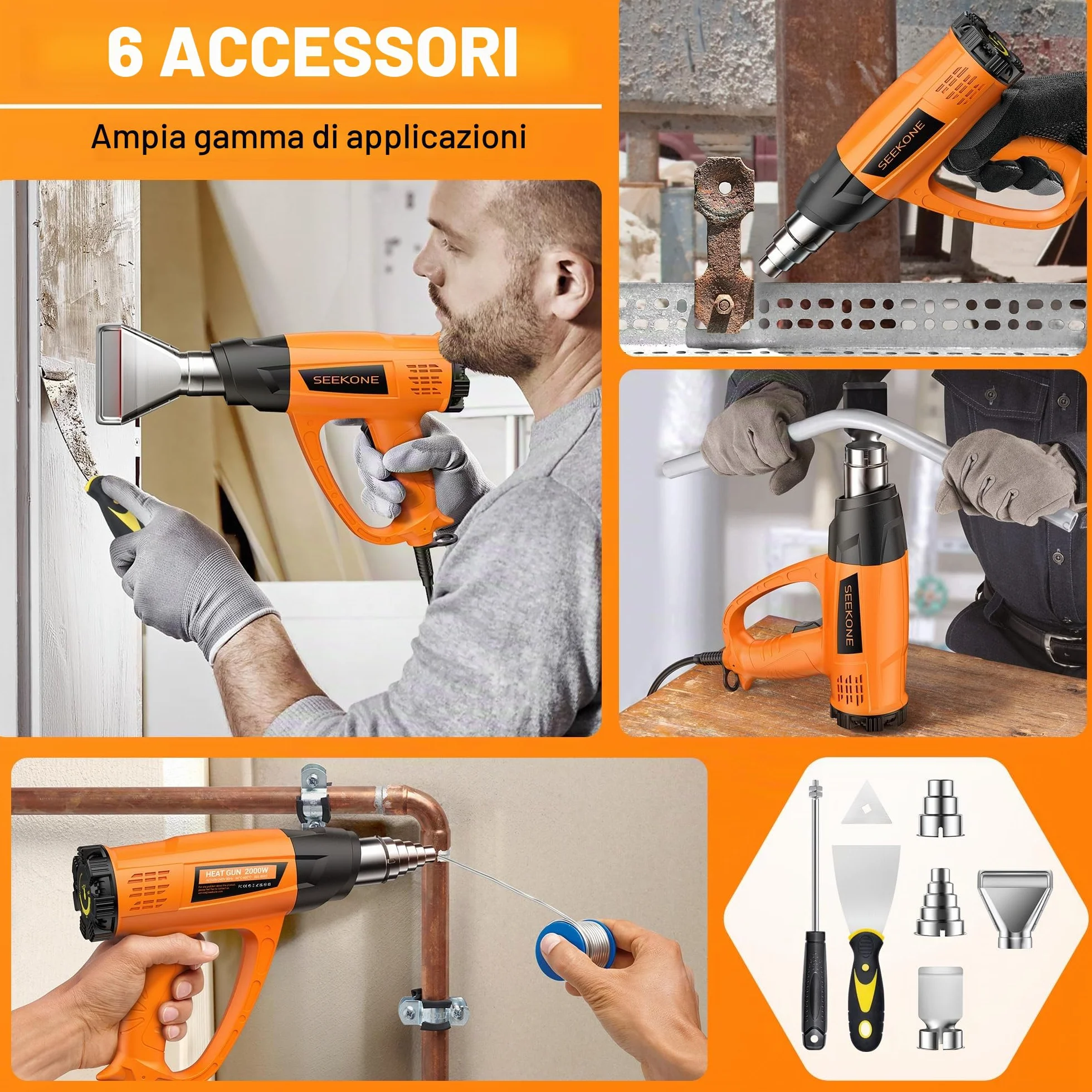 SEEKONE Pistola Termica 2000W Professionale 60-600°C Regolabile con 7 Accessori