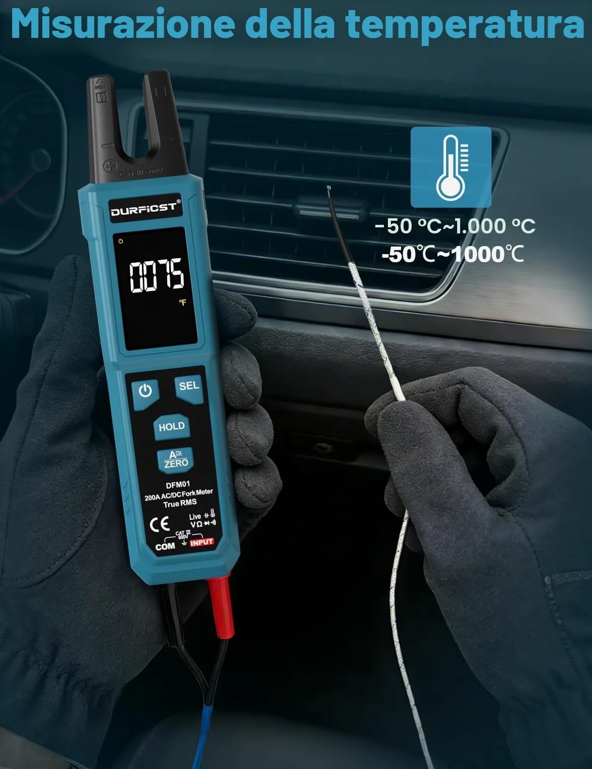 DURFICST Pinza Amperometrica TRMS 4000 Conteggi, con AC/DC 200 A & 600 V | Digitale Pinza Amperometrica AC DC con Test NCV, Continuità, Misurazione di Capacità e Temperatura