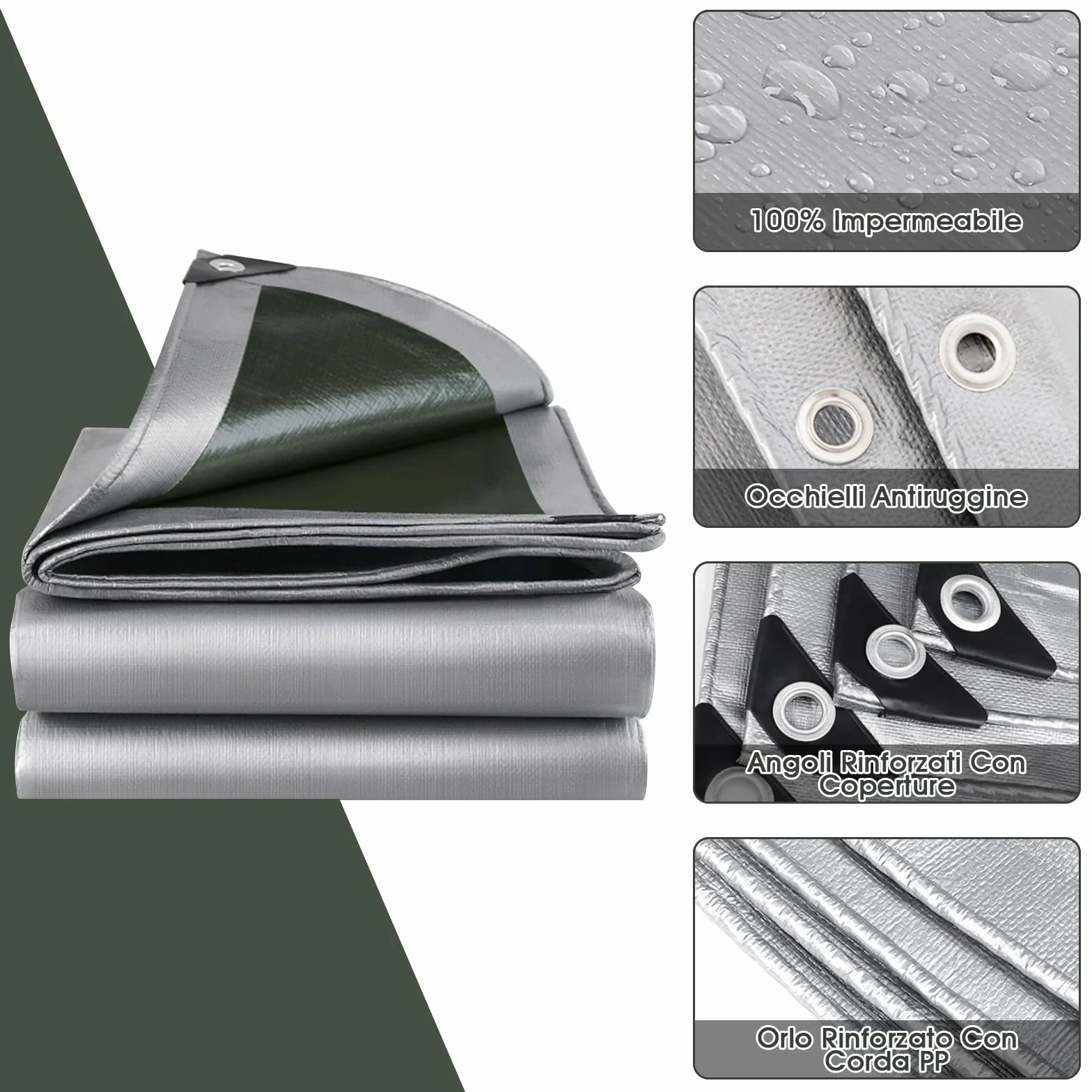 Telo Impermeabile Esterno 2x3m 180 g/m² PE con Rinforzato Occhielli, Telone Resistente ai Raggi UV Agli Strappi, Telo Protettivo Copertura Multiuso per Mobili da Giardino Barche Legno Piscina Camion