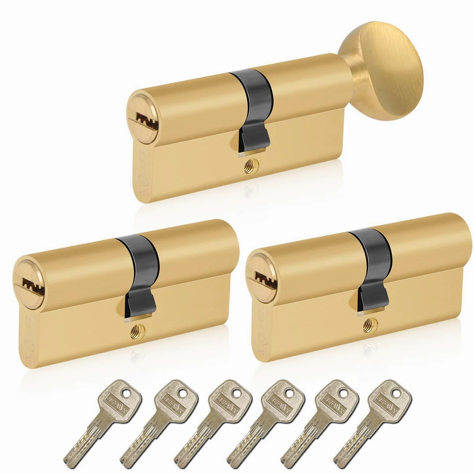 SEPOX Cilindro europeo per porta, con 2 cilindri europei e 1 giro a pollice, placcato in ottone, 70 mm, con stesse chiavi, ad alta sicurezza, chiave al computer