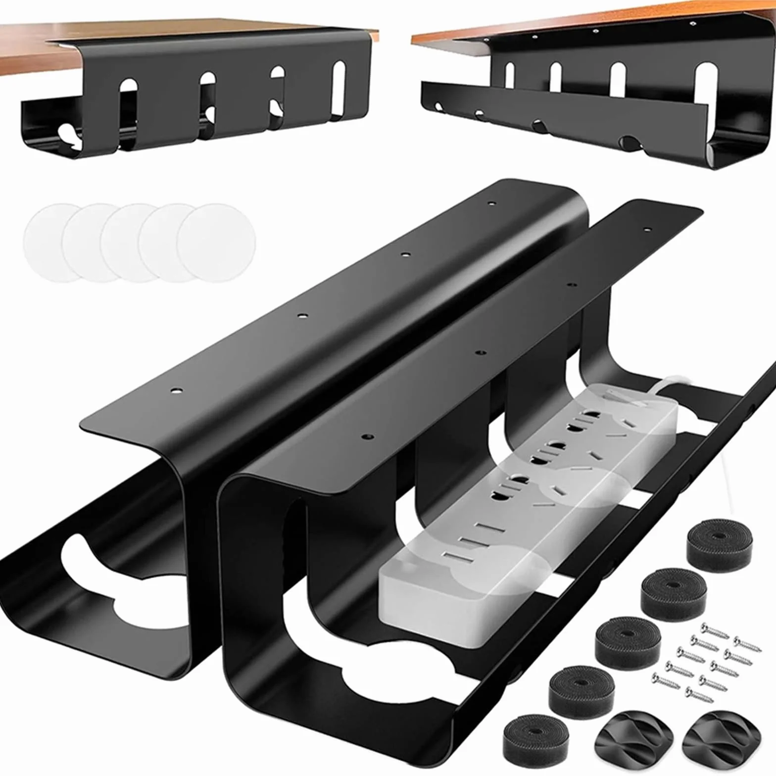Vassoio for la gestione dei cavi sotto scrivania in acciaio al carbonio | Bianco 2 pezzi Nero 1 pezzo 40x12 cm Sotto la scrivania senza trapano Acciaio: gestione dei cavi(Black-1pc)
