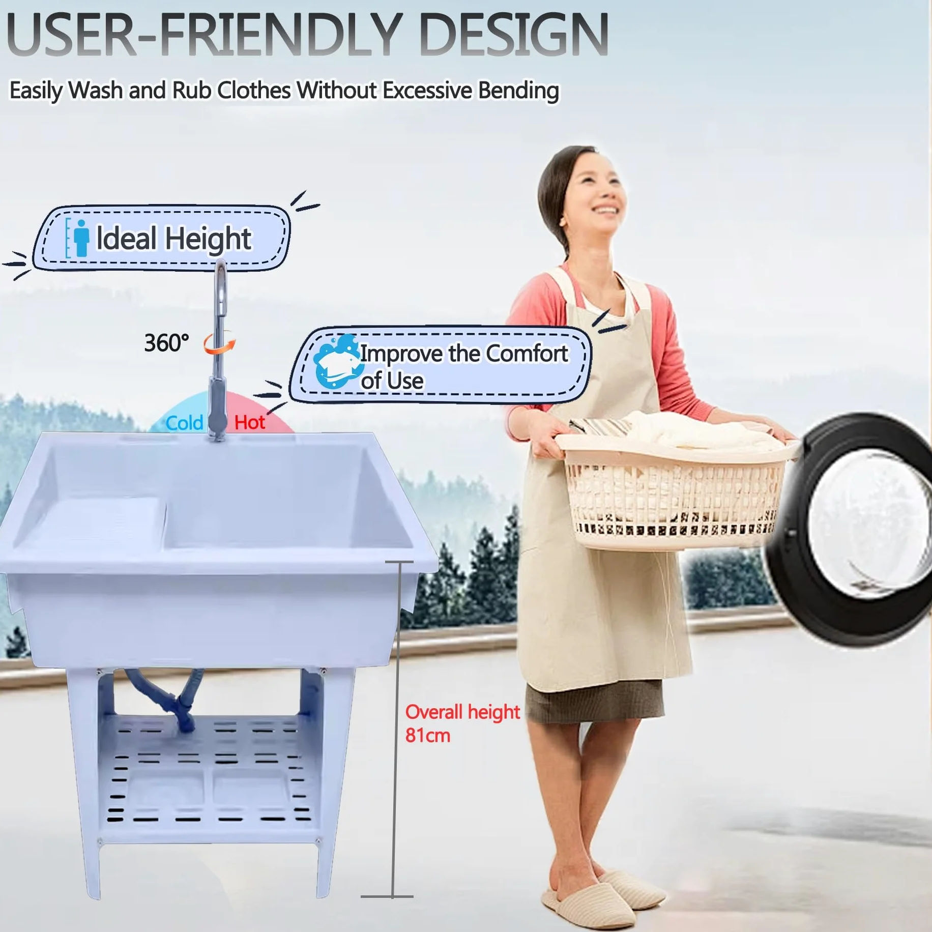 Lavatoio da Esterno in Plastica,Mobile Lavandino Biancheria Indipendent,Lavello Portatile con Asse per Il Lavato,Lavabo da Lavanderia,per Interno,Cucina,Garage,Giardino e Terrazza(Blauw)