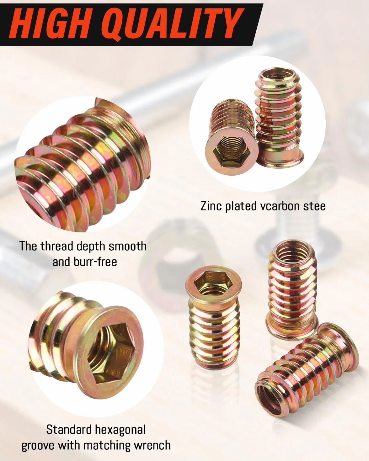 20 dadi filettati M8 (8 mm) x 20 mm per legno, dadi esagonali a bussola M8 flangiati M8, dadi esagonali in acciaio al carbonio zincato, per mobili in legno