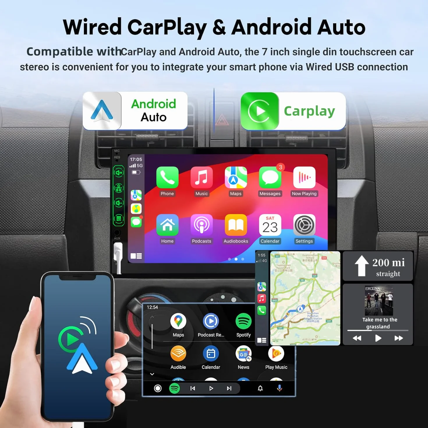 Autoradio 1 DIN con Schermo CarPlay & Android Auto – 7 Pollici Touchscreen Stereo Auto con Schermo, Radio Bluetooth Auto con Mirror Link/USB/FM, Supporta Telecamera Posteriore