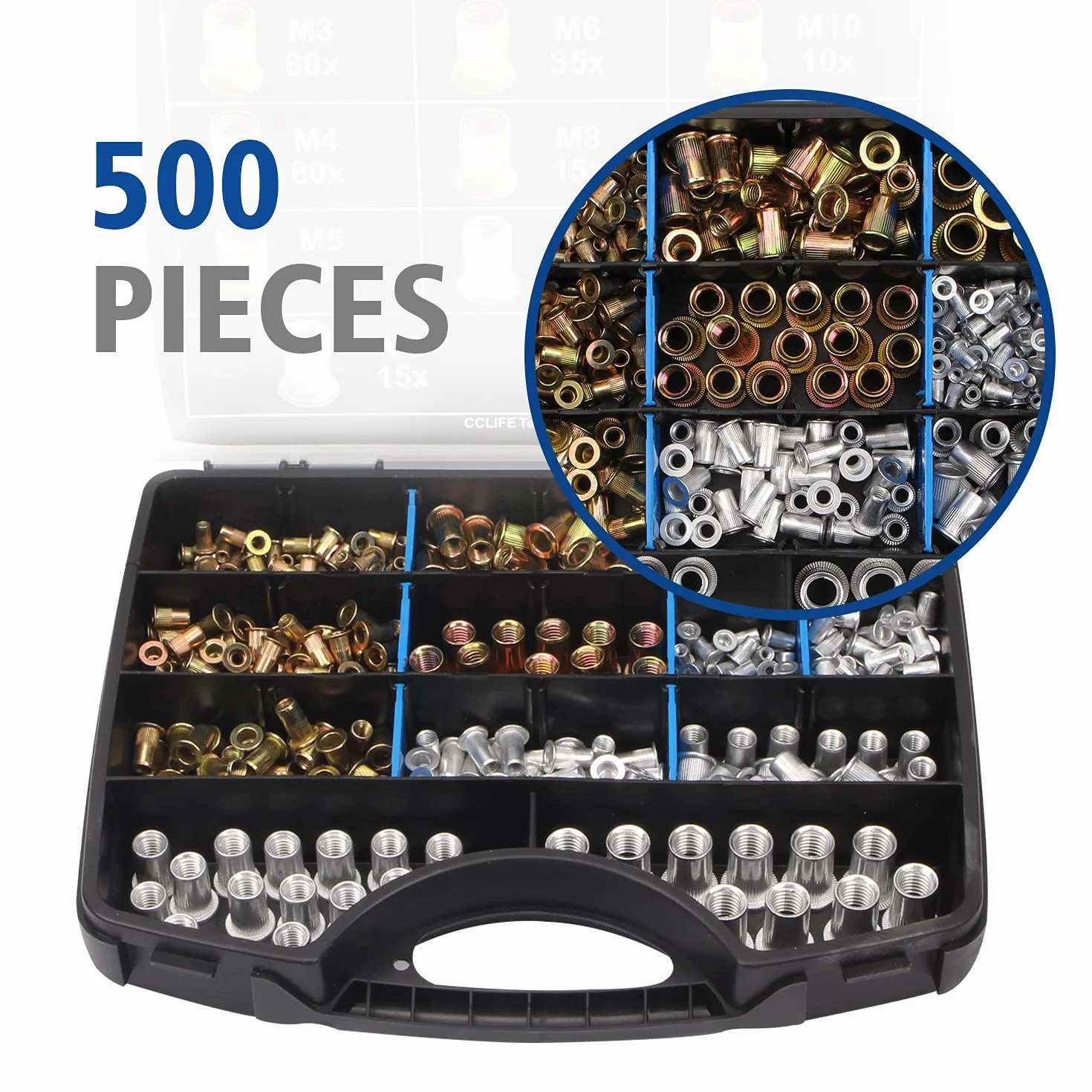 CCLIFE 500 Pezzi Rivetto Filettato in Acciaio M3 M4 M5 M6 M8 M10 Testa Piatta Dadi Rivetti con Scatola